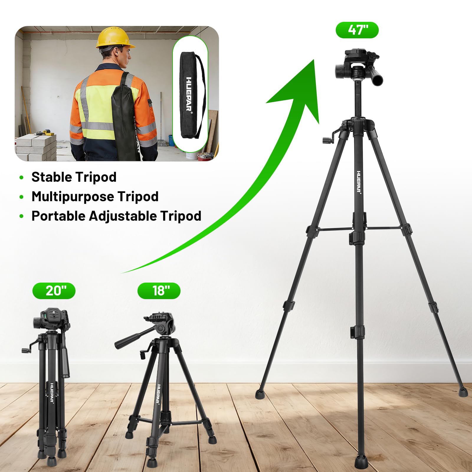 Huepar Trépied de niveau laser de 119,4 cm, trépied pour mesures de distance laser, téléphone et appareil photo, trépied professionnel en aluminium avec support de filetage de 6,35 mm, sac de