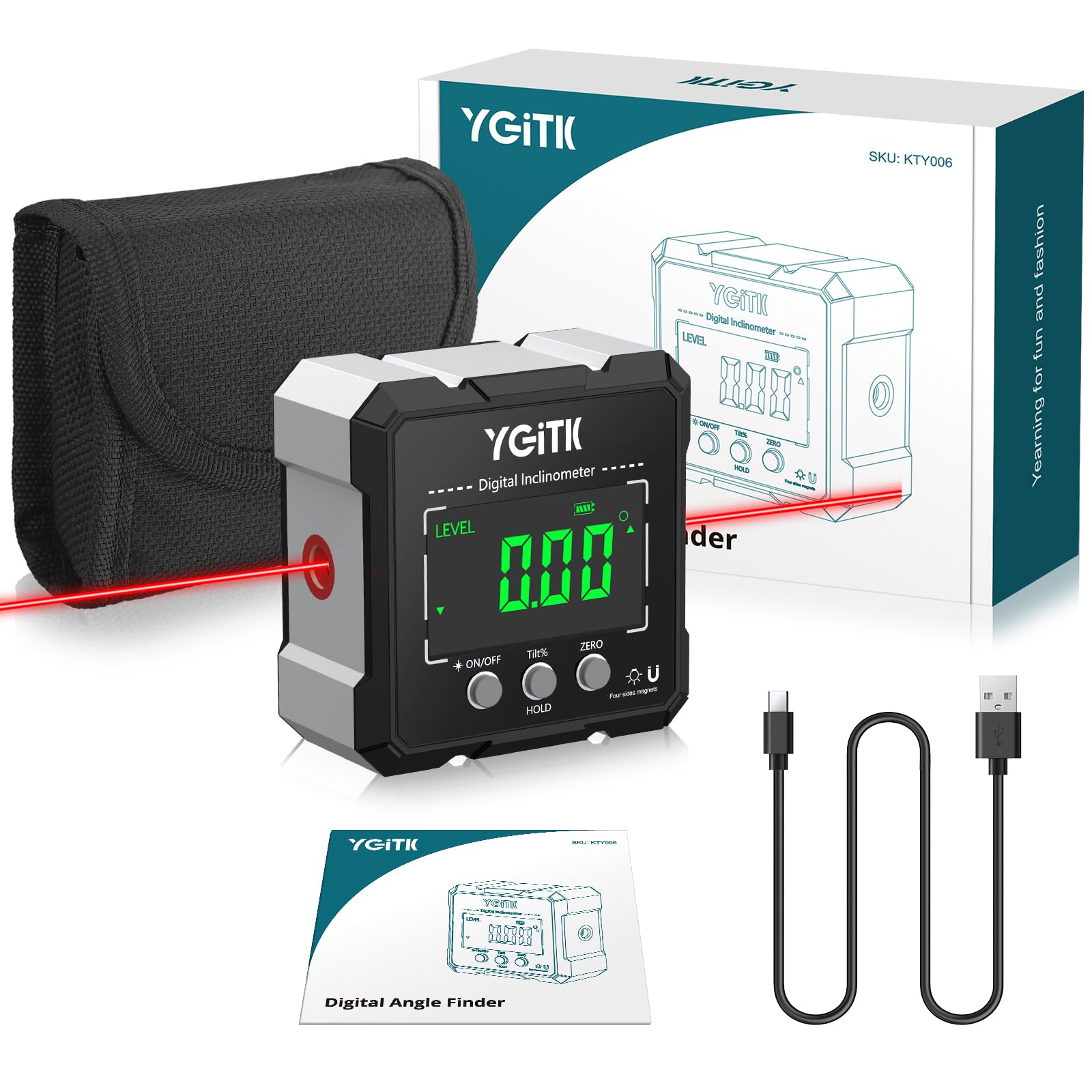 YGiTK Digital Angle Finder with Laser, Magnetic Digital Angle Gauge & Inclinometer for Table Saw Calibration, Miter Saw Setup, Woodworking, Cabinet Installation, Contractors & DIY Home Renovation