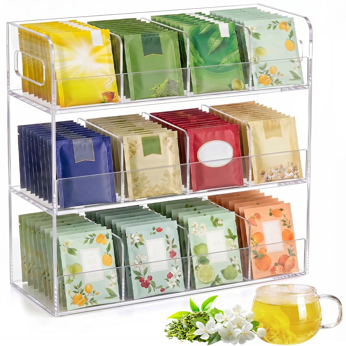 Boîte à Thé Transparente 12 Compartiments, Organisateur pour Sachets de Thé pour 216 Sachets, Rangement Vertical en Acrylique pour Cuisine, Café, Bureau, Hôtel, 29,7 x 26 x 10 cm