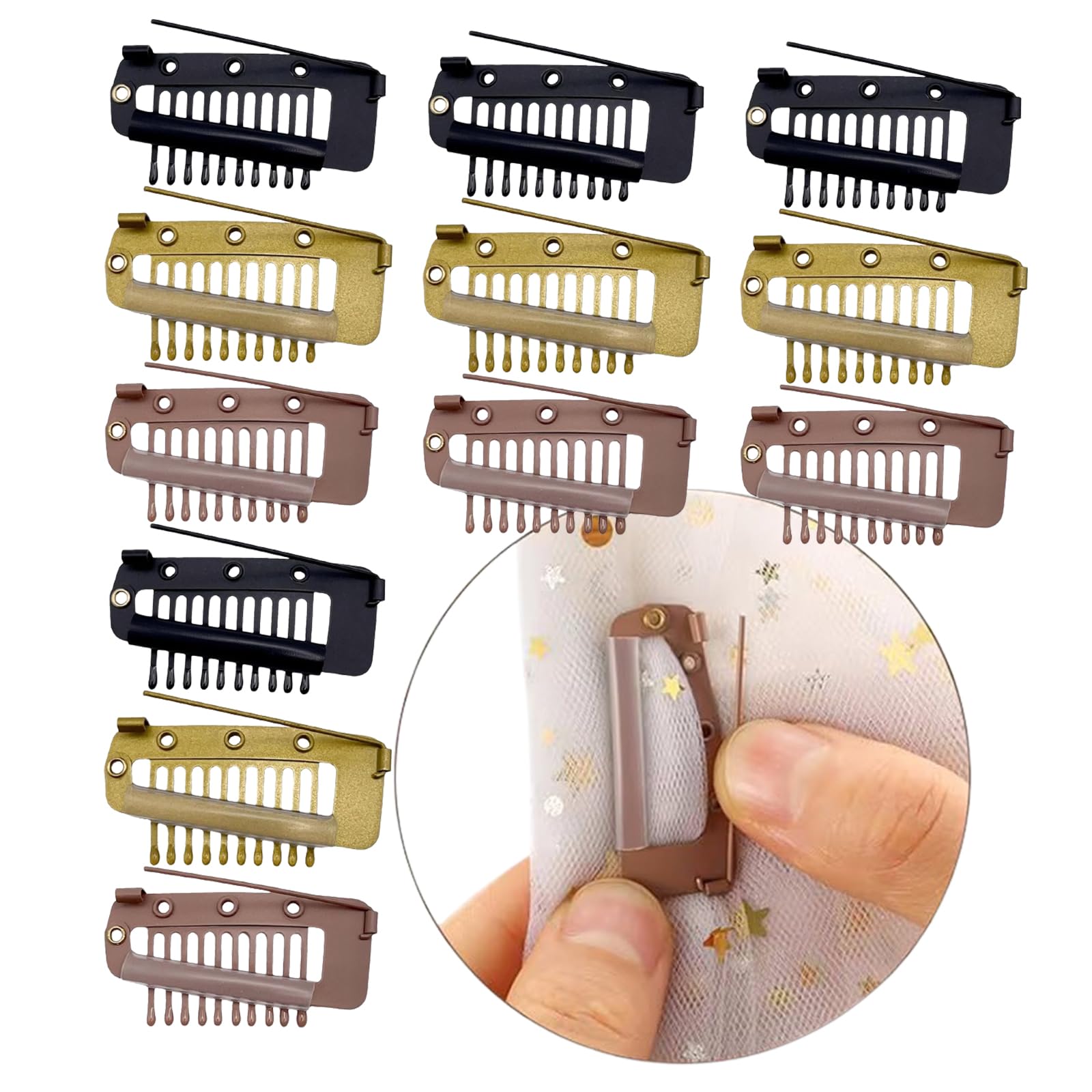 12PCS Chunni Clips with Safety Pins,Hair Extension Clips Wig Clips to Secure Wig Clips with Rubber U-Shape Snap Easy to use with Dupatta, Hijab & Tikka Setting (Multi-Colour)