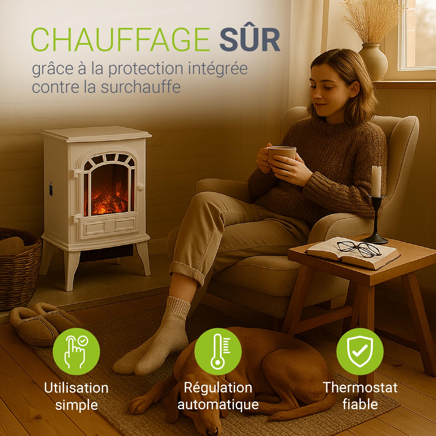 Juskys Cheminée électrique 2000 W – Blanc, cheminée autoportante avec Effet de Flamme, 2 Niveaux de Chauffage, Thermostat et arrêt de sécurité pour Le Salon
