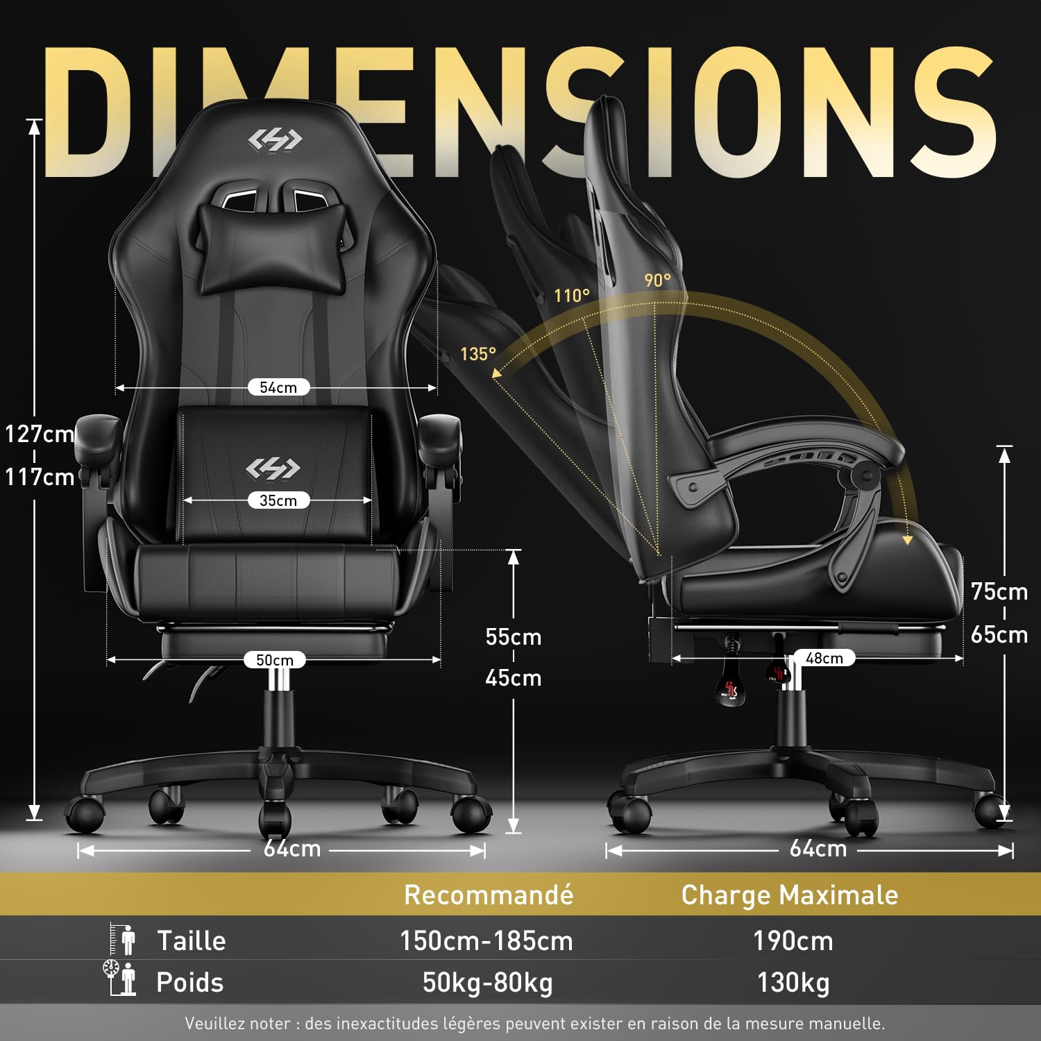 HLFURNIEU Chaise Gaming Ergonomique avec Support Lombaire, Noir