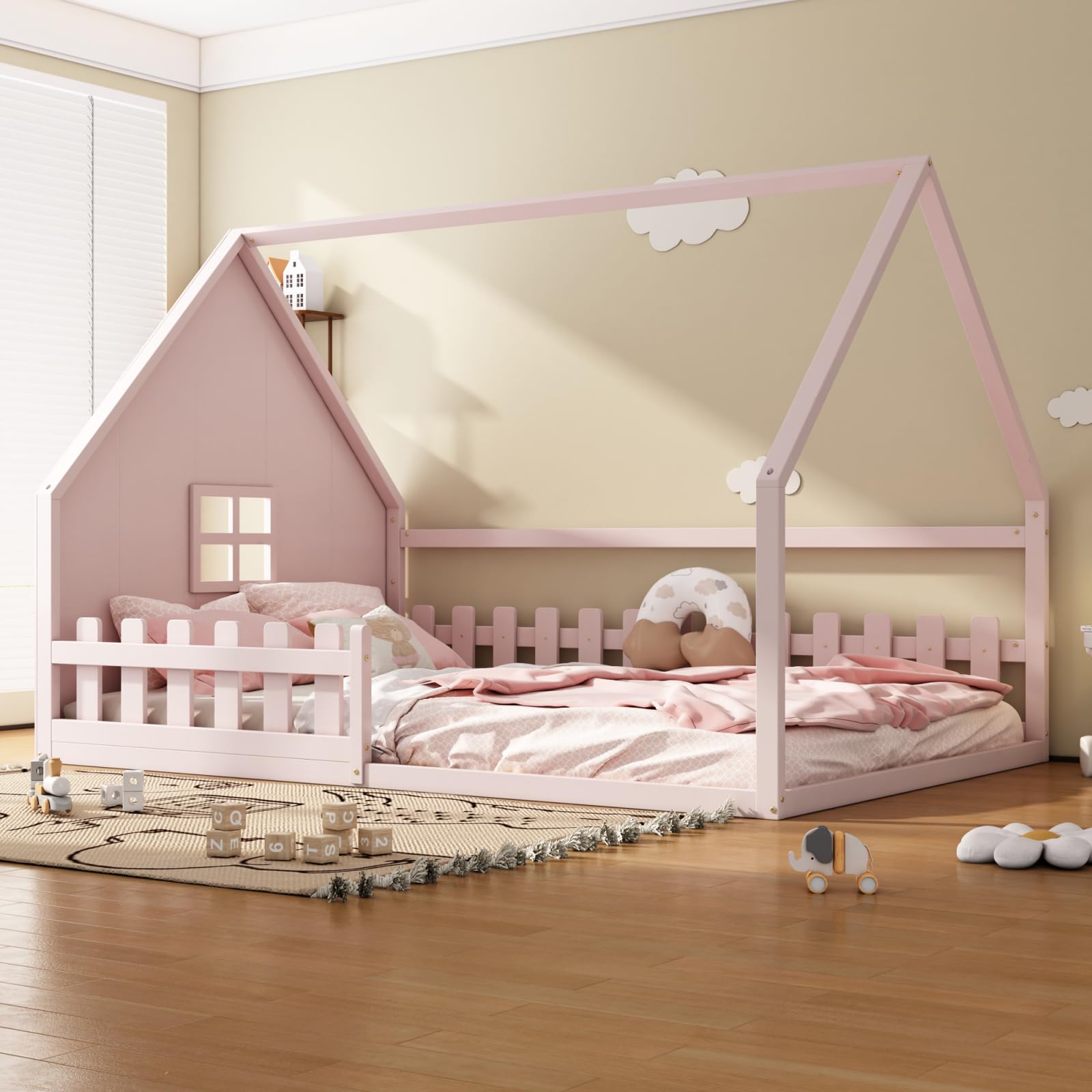 Cama infantil, cama Montessori, cama de madera de pino macizo, cama individual con forma de casa para niños o niñas, sin colchón (rosa, 140 x 200 cm)