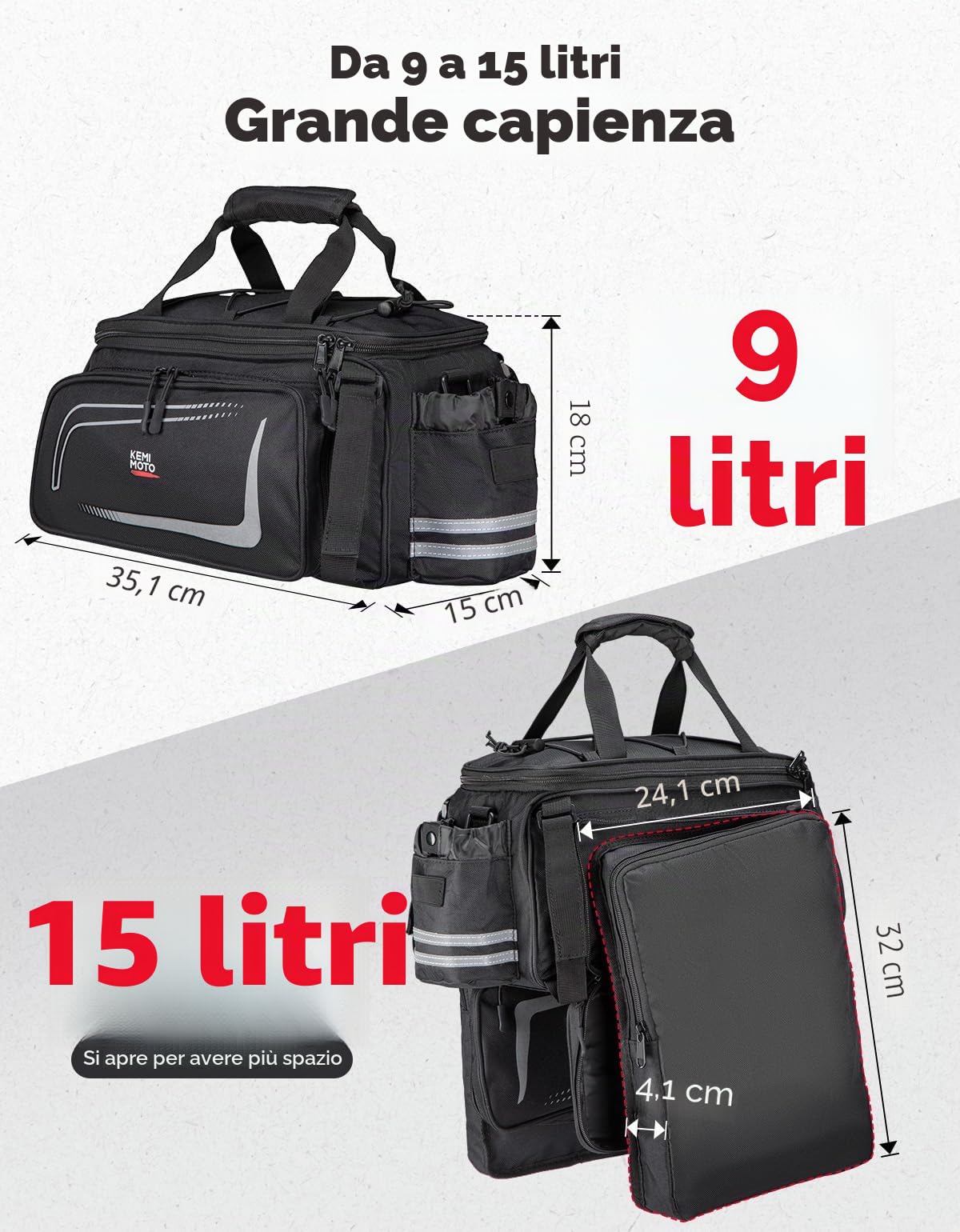 KEMIMOTO 2 IN 1 Borse per Bici, 9L-15L Borse Bici Posteriore Laterali Espandibile con Tracolla, Borsa per Bicicletta Impermeabile con Copertura Anti-Pioggia per Strada Bike Mountain Bike, Nero