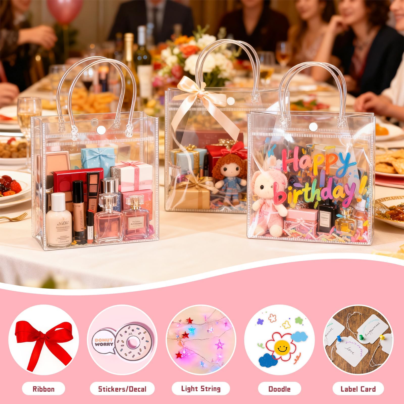 BadenBach 12 PCS Clear Gift Bags With Handles - Extra Large 16x6x12 Transparent PVC Tote Bags