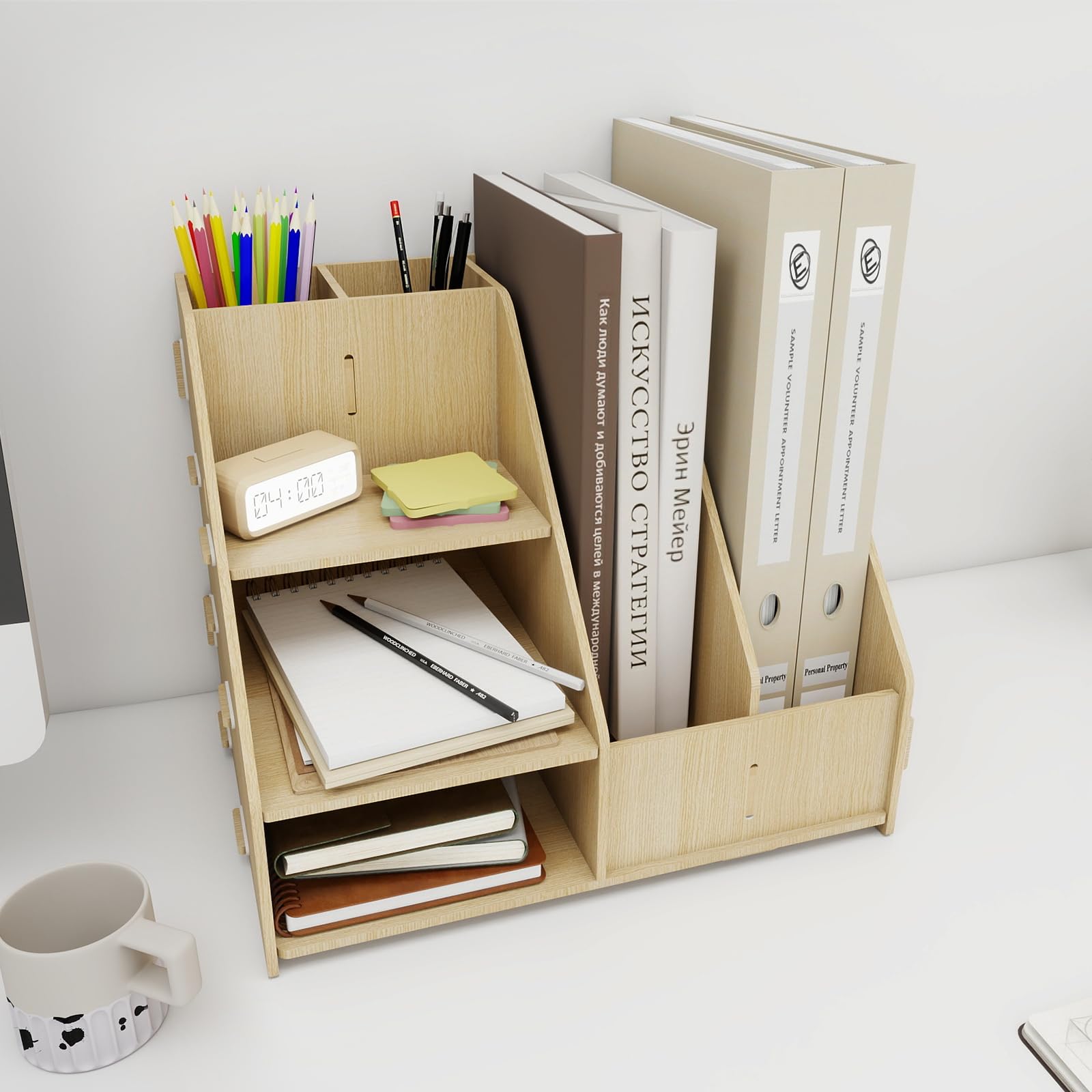 PUNCIA Organizador Escritorio Sobremesa de Madera con Revistero 3 Bandeja Escritorio con Portalápices Estante de Almacenaje Multifuncional para Material Documentos Oficina Escuela