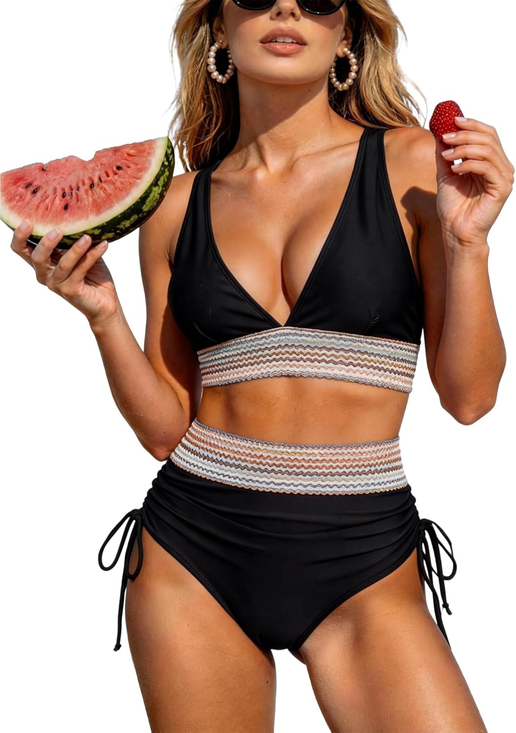 Adisputent Womens High Waisted Bikini Sets Color Block Swimsuit V Neck Tummy Control Swimwear Drawstring 2 Piece Bathing Suit