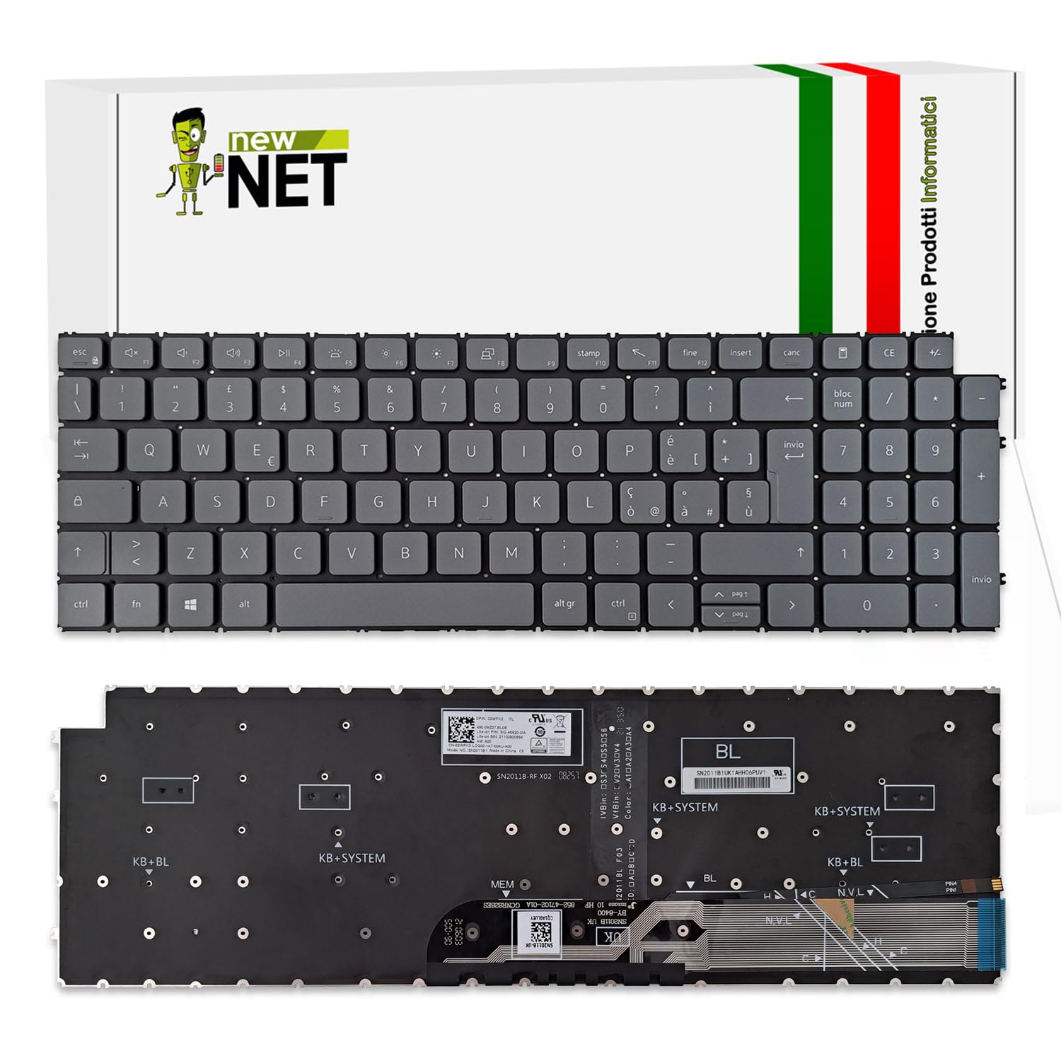 Tastiera compatibile per Notebook Dell Vostro 15 3510 3515 5510 5515 7510 16 7620 Latitude 3520 Retroilluminata Layout ITA Grigio