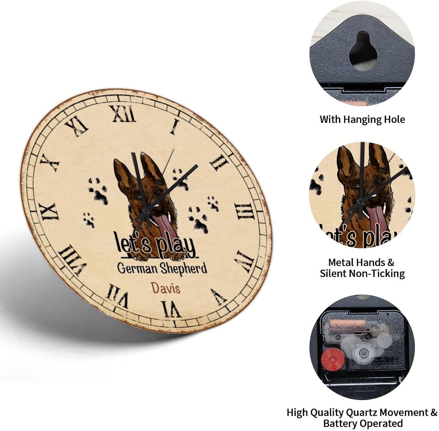 Let's Play German Shepherd Wall Clock 10in Roman Numerals Wooden Clock Whisper Quiet Battery Operated Country Style Weddings Gift Popular Wall Decor for Sewing Room Classroom Farmhouse image 4