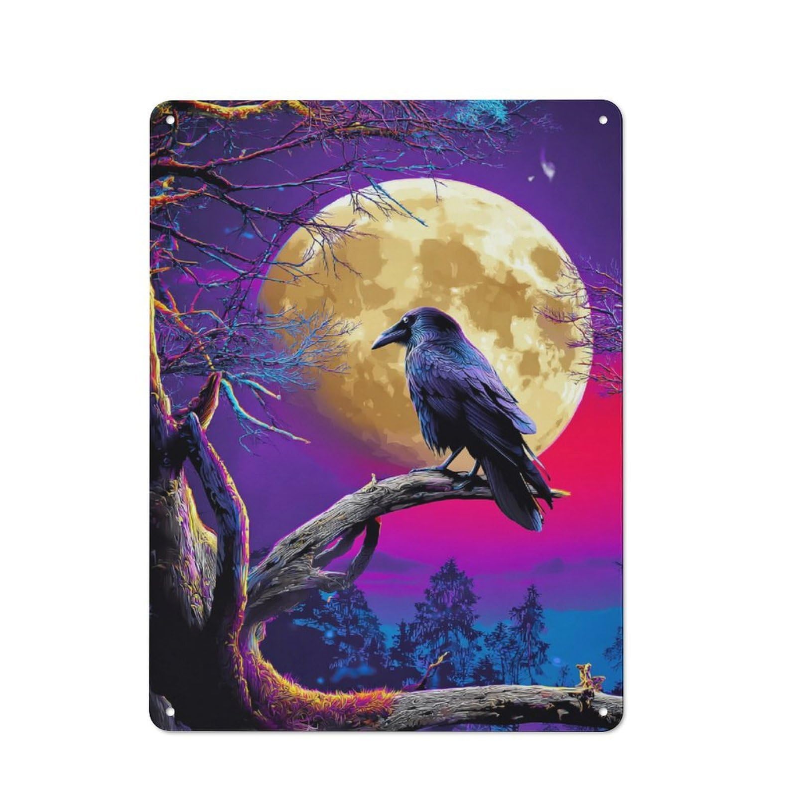 Junmoney Moonlit Raven's Perch -1 Modern Retro Metal Wall Decor 40X30cm, Metal Wall Sign For Loft, Studio, Office Or Creative Room