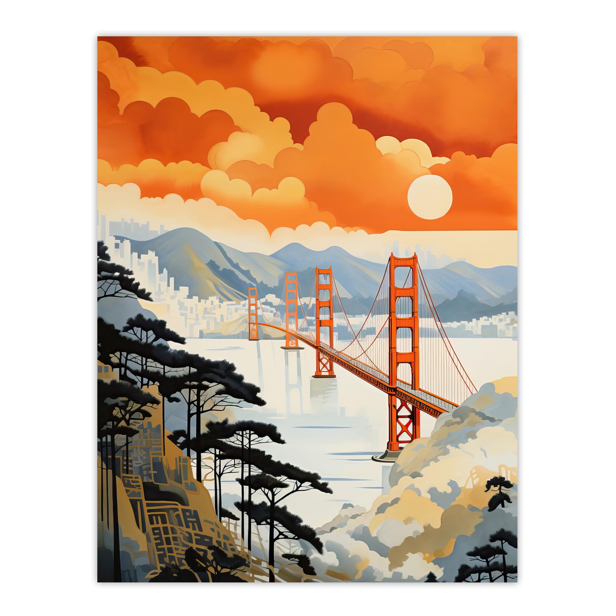Wee Blue Coo Sunset San Francisco Oakland Bay Bridge Amber Orange Blue Pastel Colour Painting Large Wall Art Poster Print Thick Paper 18X24 Inch