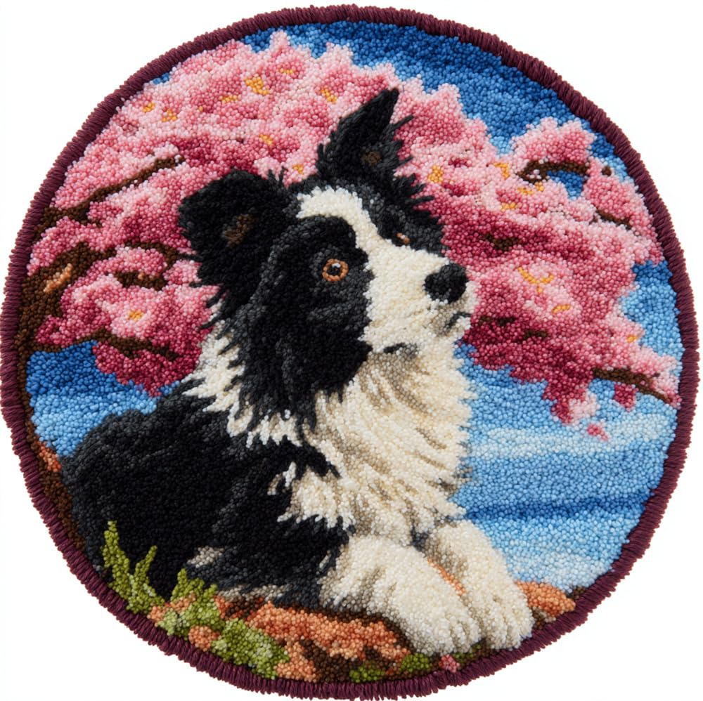 kitphoenix Rug Making Kit for Adults Border Collie Under The Cherry Blossom Tree 20X20Inch (50X50Cm) DIY Craft Latch Hook Rug Kit Set Tapestry Cushion Patterns Printed Mesh Mat Canvas Wool Yarn