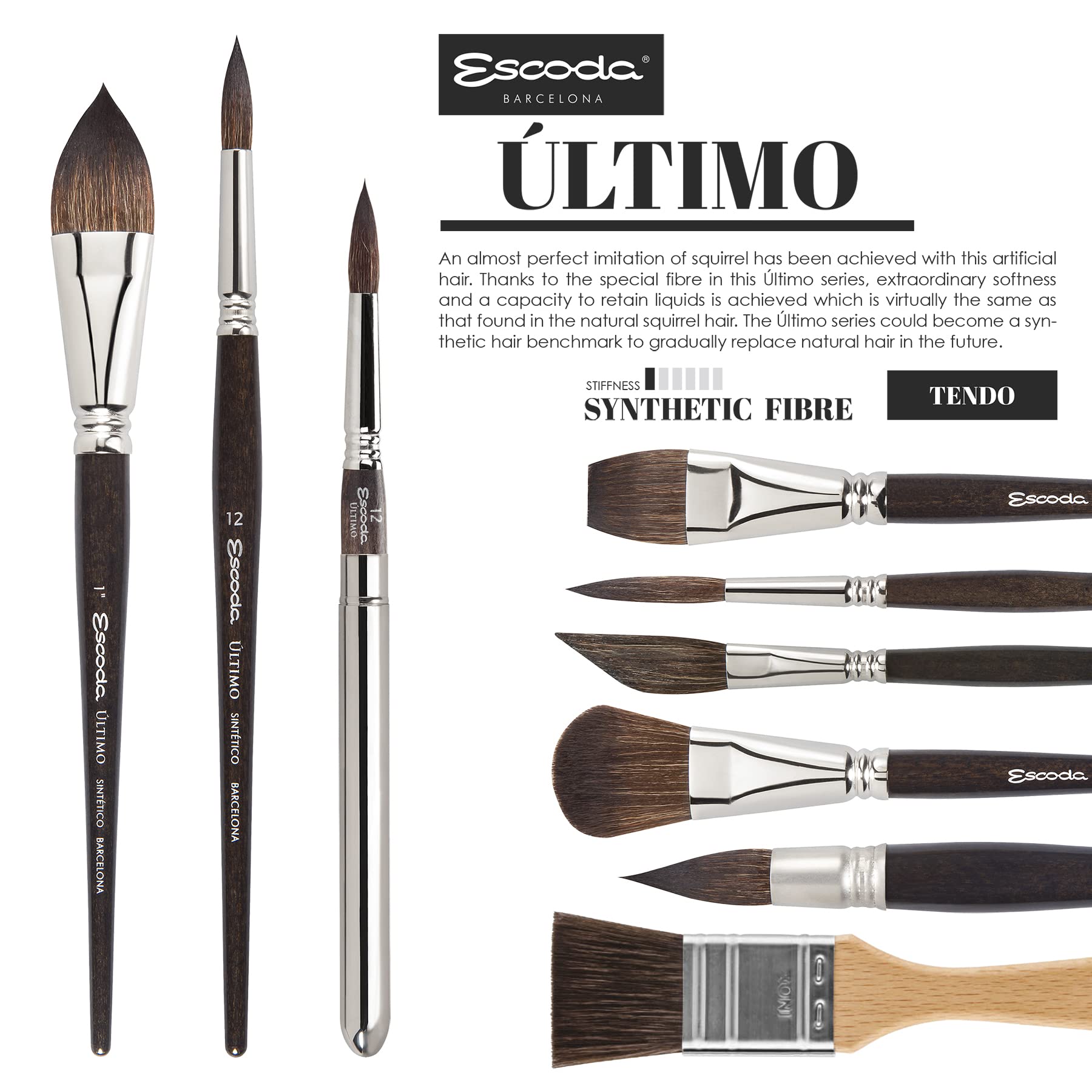 Escoda Ultimo Series 2330 - Pincel de acuarela y acrílico para artista, ardilla sintética, mottler, tamaño 12