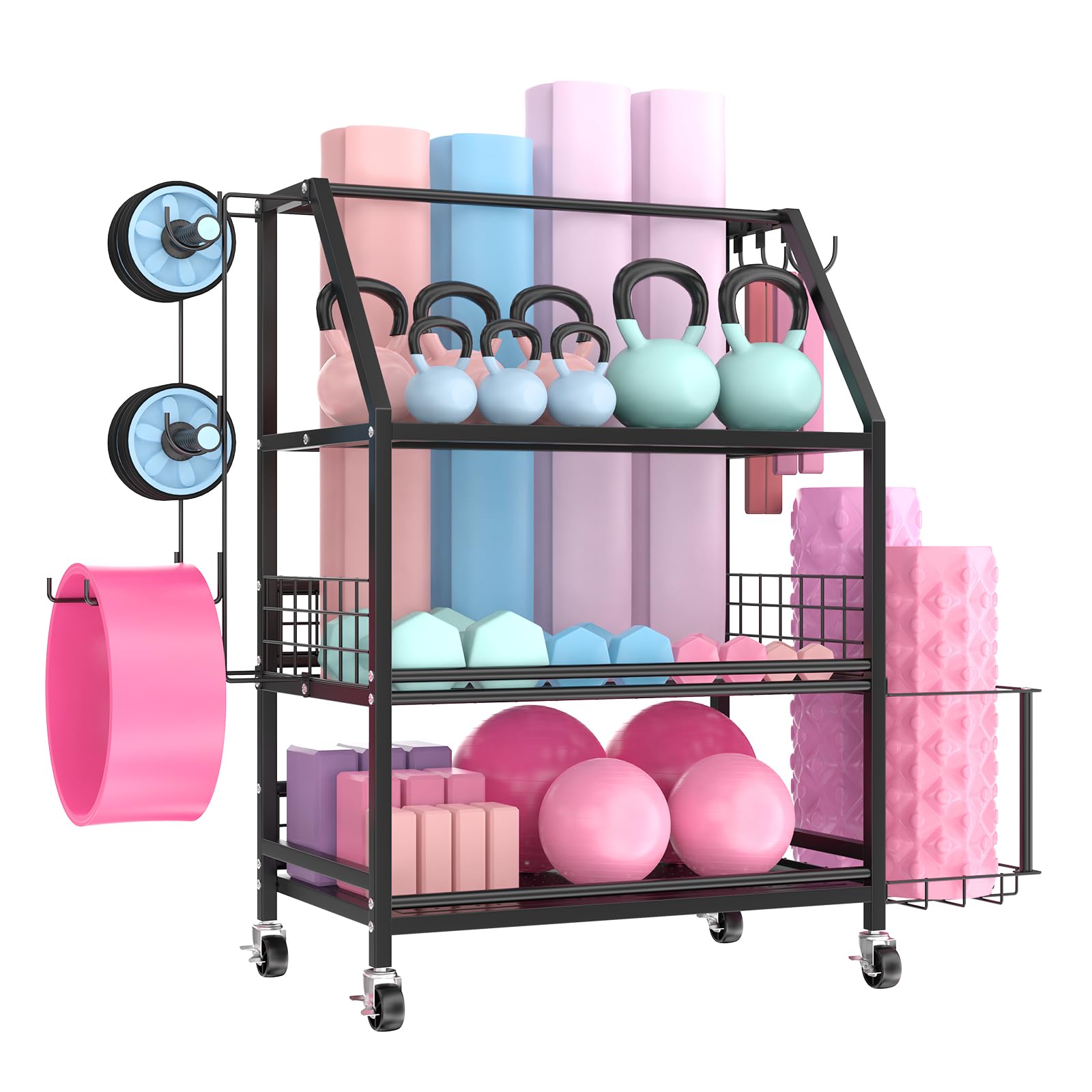 Soporte Para Pesas Gym En Casa, Organizador Gimnasio, Soporte Kettlebell, Para Rodillos De Espuma, Esterillas De Yoga, Mancuernas, Pesas Rusas, Con Ganchos y Ruedas Con Cerradura