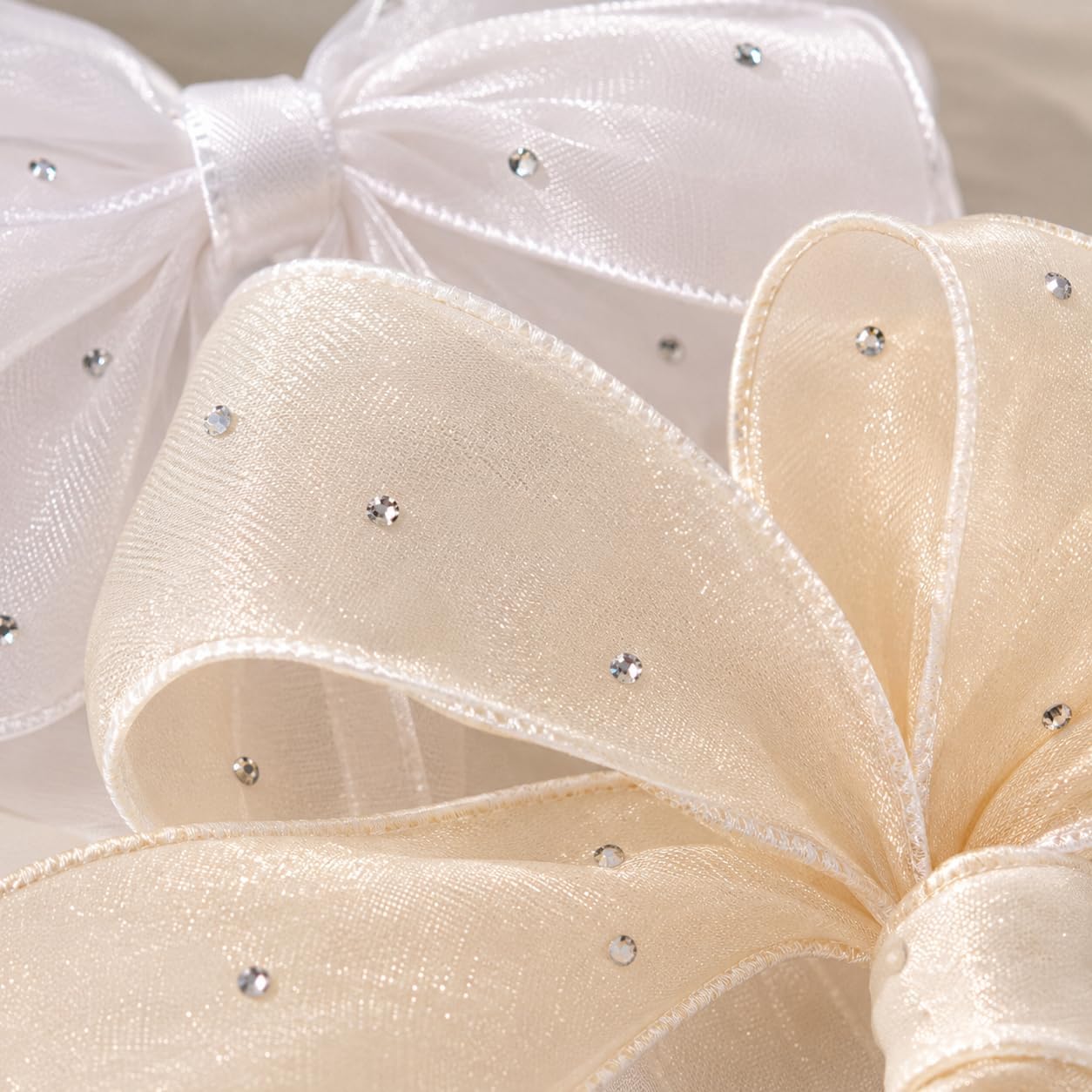 Beige White Sheer Glitter Bow Ribbon Set image 3
