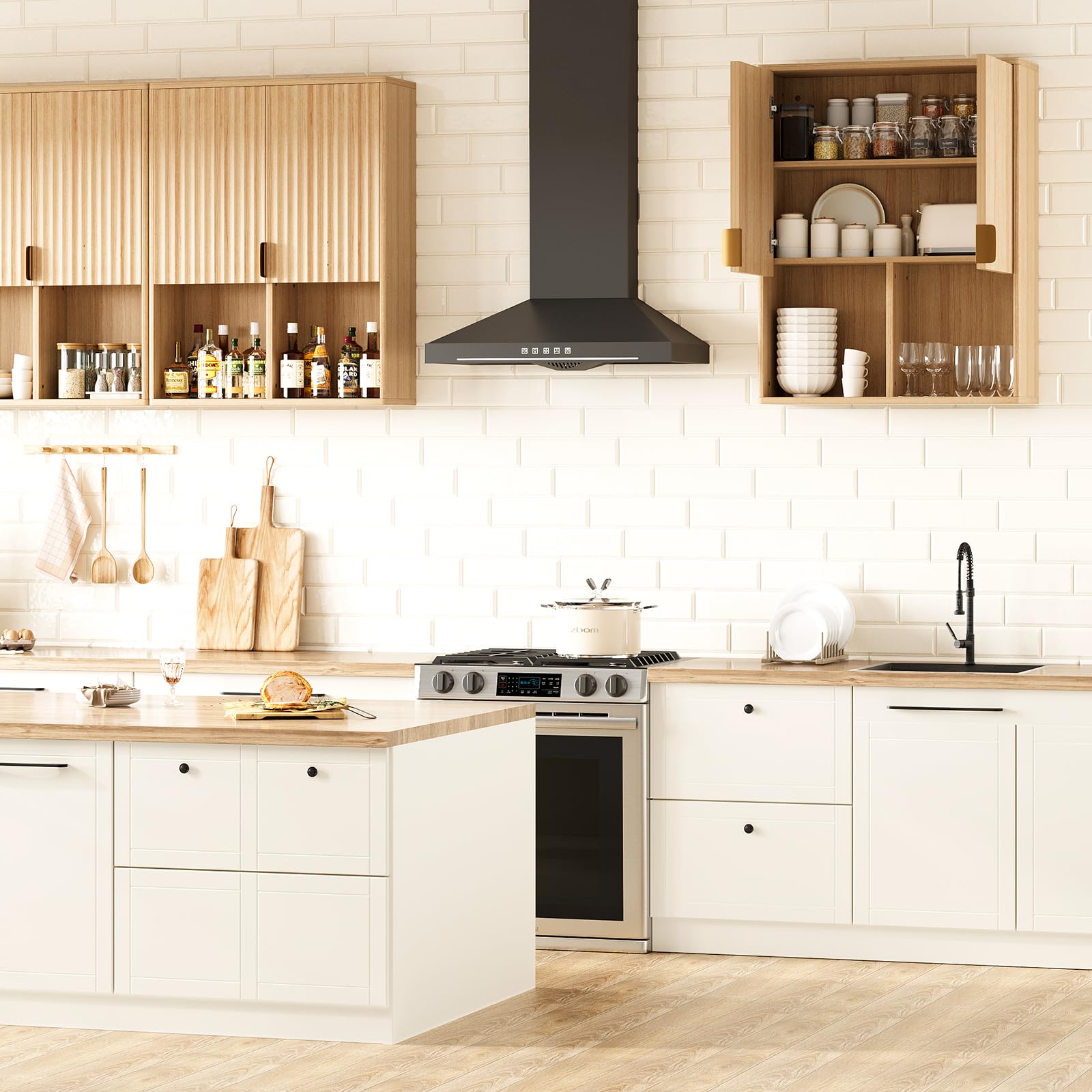 GarveeHome Gabinete de baño de Madera Natural montado en Pared - Puertas, estantes Ajustables y Espacio Abierto - Almacenaje Moderno sobre Inodoro para baño, lavandería, Cocina y Sala - Madera