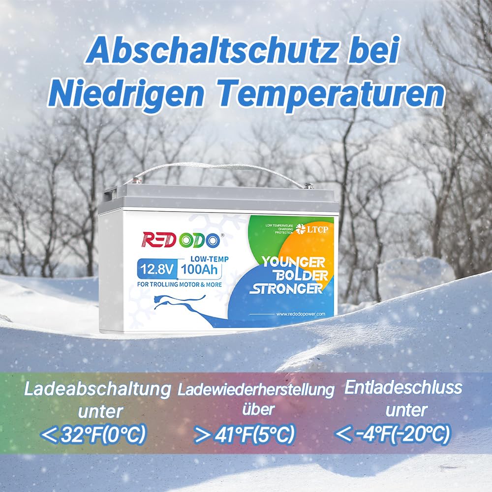 Redodo 12,8 V 100 Ah Low Temp Cut-Off LiFePO4 Deep Cycle akumulator o mocy 1280 W, wbudowany akumulator litowy 100 A BMS, 4000+ cykli ponownego ładowania, idealny do silników trollingowych, systemów