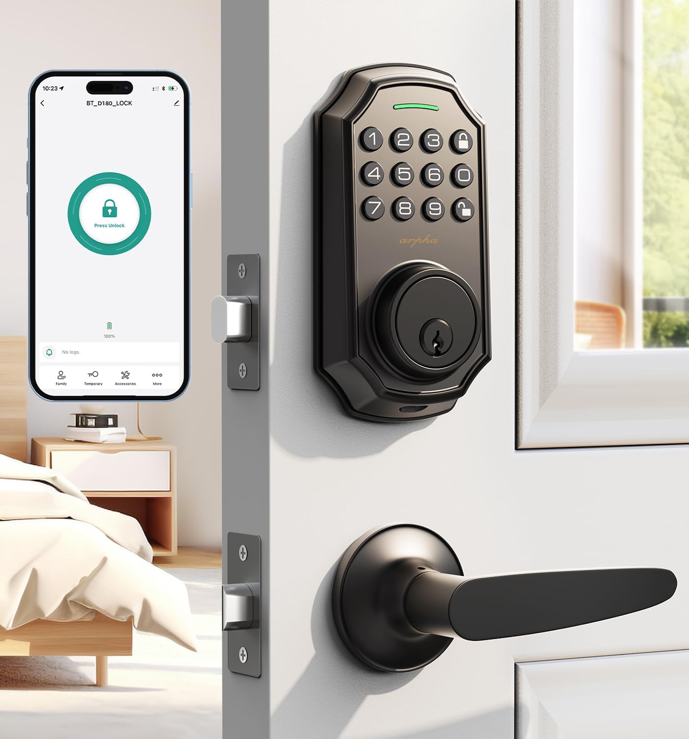 Keyless Entry Door Lock with 2 Handle Set – Smart Electronic Keypad by App – 100 User Codes & One-Time Passcode – Front Door Lock Set – Auto-Lock Front Door – Easy Install