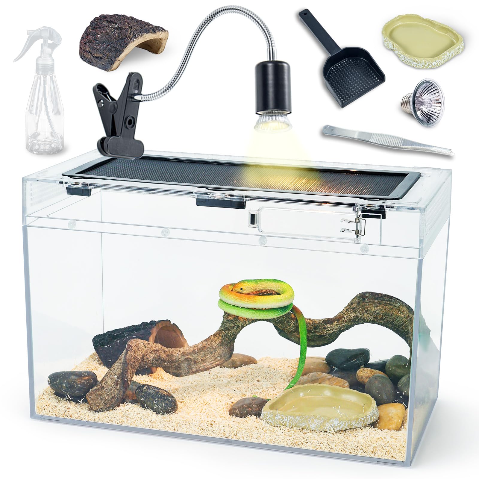12.5''×9''×7'' Reptile Tank Kit with Heat Lamp, Spray Bottle, Shovel, Tweezers, Food Bowl, Hideout -Perfect for Geckos, Bearded Dragons, Snakes, Lizards, Turtles 360° Viewing, PC Glass