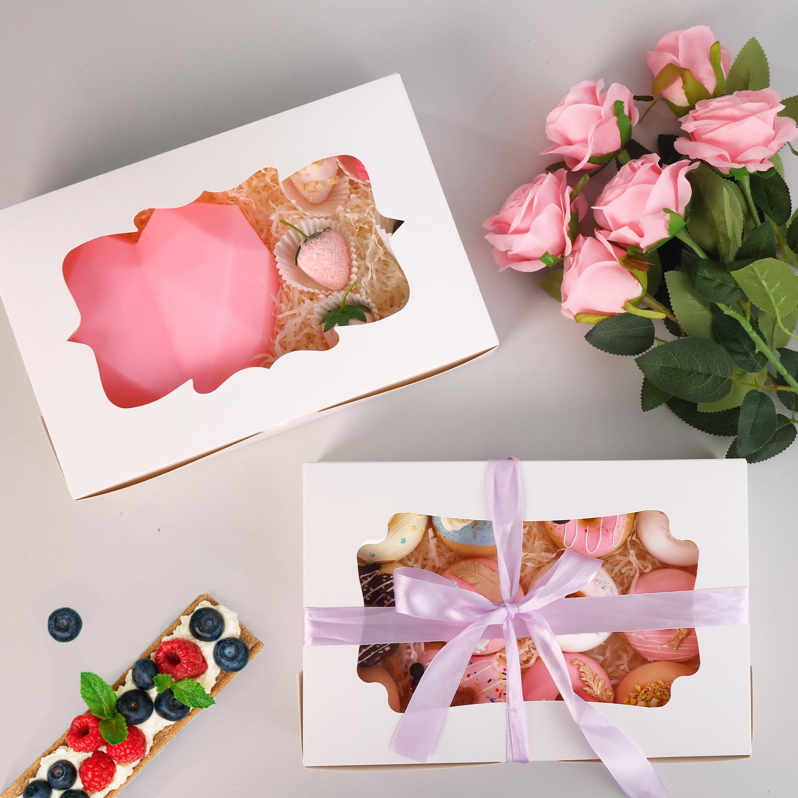 TOMNK 60pcs Bakery Boxes, 12x8x2.5 Inches 3 Style Cookie Boxes, Treat Containers with Window for Candies, Chocolate Strawberries, Cakes, Muffins, Donuts