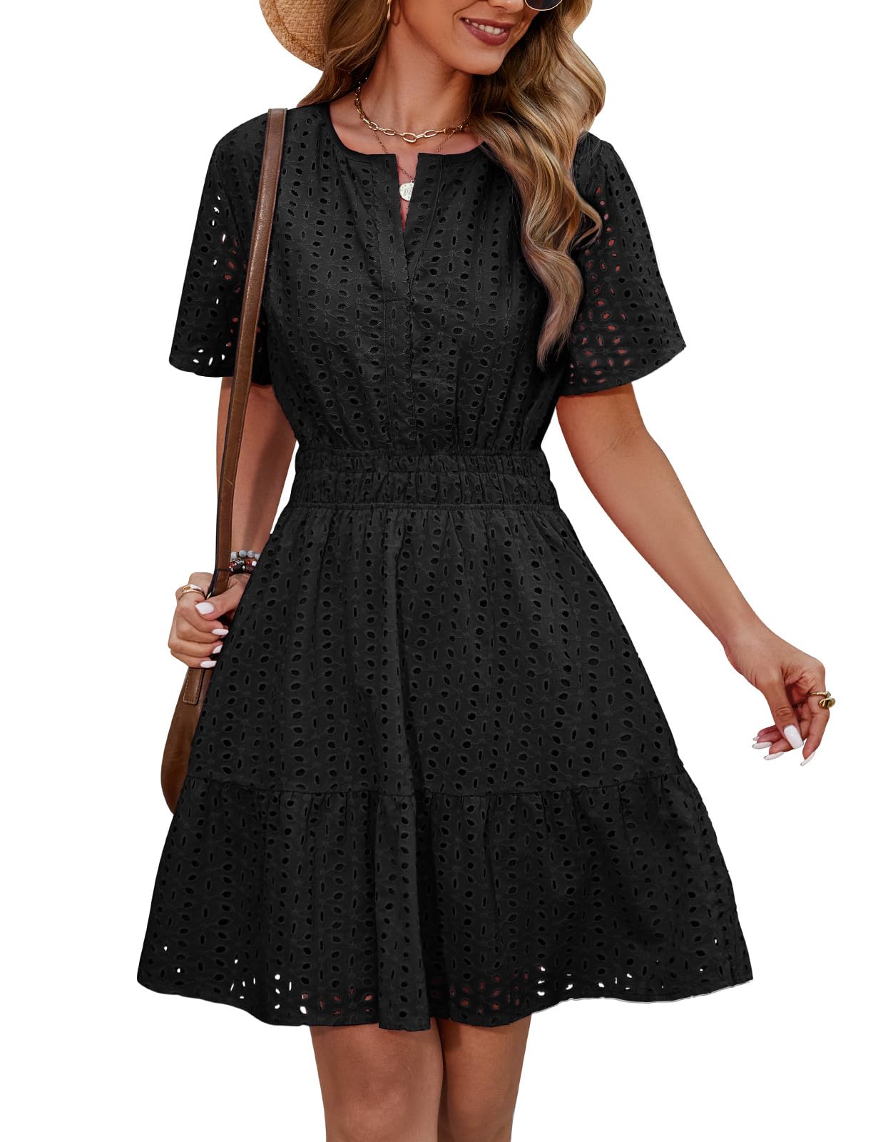 Yuson Girl Kleid Damen Sommerkleid V-Ausschnitt Kurzärmeliges Kleider Sommer Baumwolle Ausgehöhltes Minikleid Kurz Strandkleid Freizeitkleid High Waist A-Linien Sommerkleid