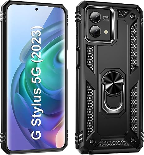 Funda para Moto G Stylus 5G (2023) Funda de teléfono con soporte militar con anillo de soporte de metal para protección contra caídas, cubierta de