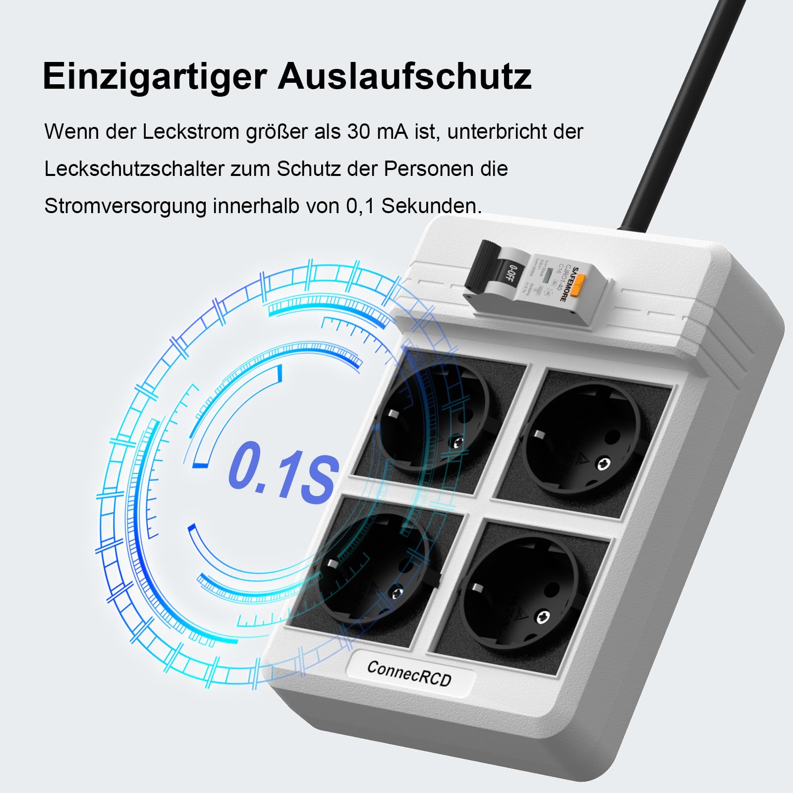 Prise avec disjoncteur FI, RCD avec 4 prises (16 A, 4000 W), multiprise FI avec rallonge de 3 m et protection contre le courant différentiel de 30 mA, protection contre les surcharges et les