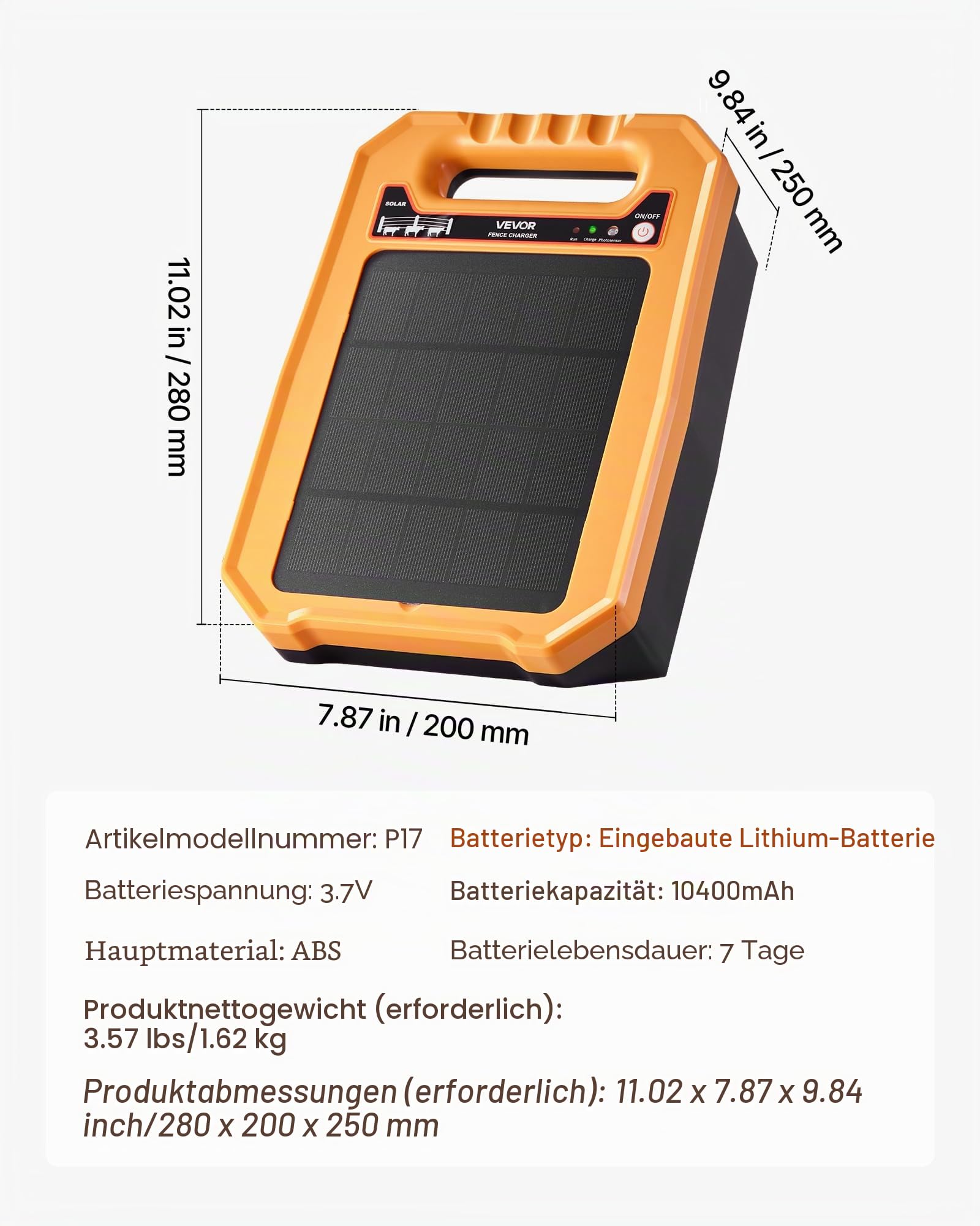 VEVOR Weidezaungerät, 0,3 J, Elektrozaungerät 8 kV, solarbetriebenes Zaunladegerät, 3 km Reichweite, wetterfestes Elektrozaun-Energizer-Set, 7 Tage Laufzeit, für Vieh, Geflügel, Gartenschutz