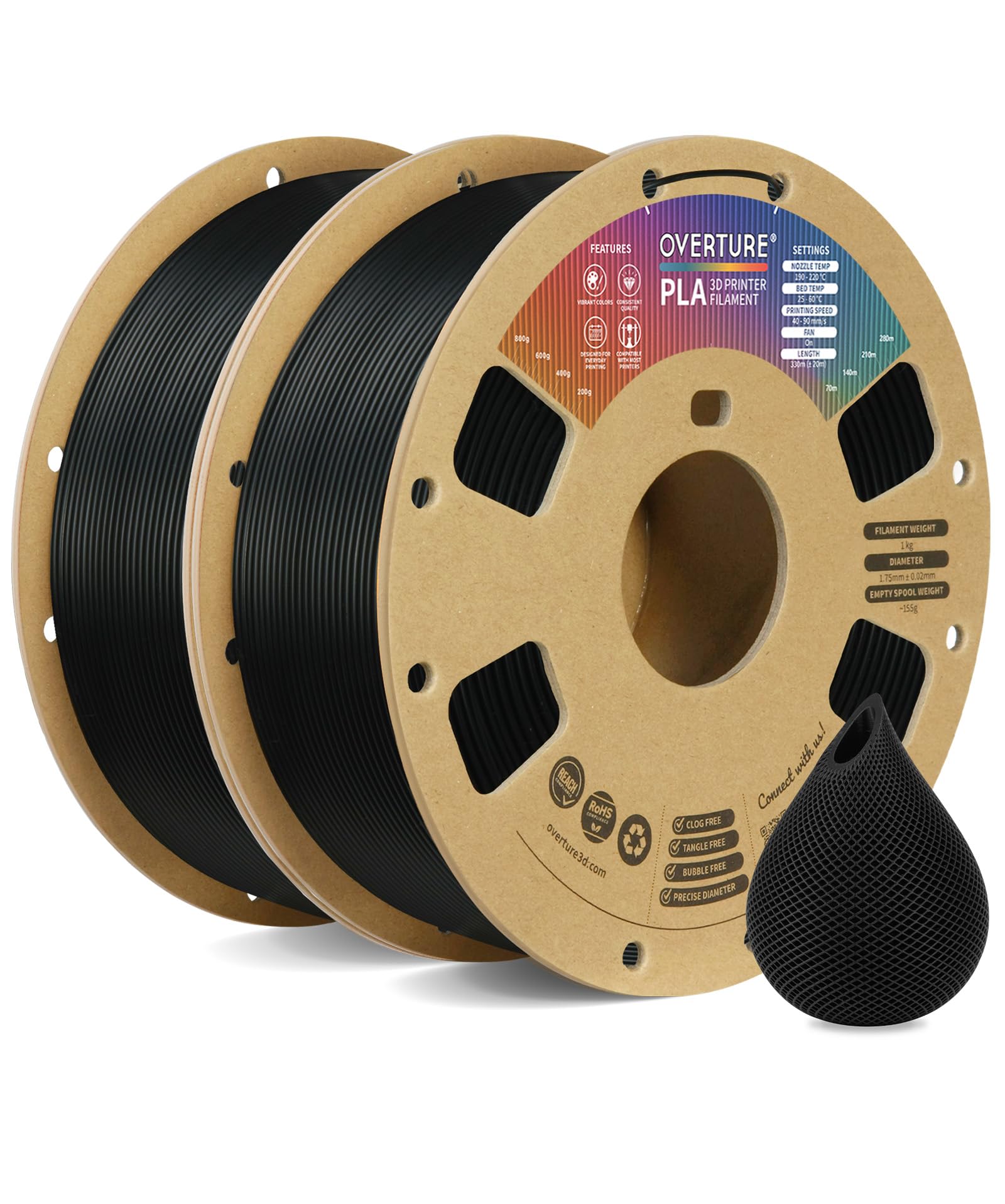 OVERTURE PLA Filament 1.75mm with 3D Build Surface 200mm × 200mm 3D Printer Consumables, 1kg Spool (2.2lbs), Dimensional Accuracy +/- 0.05 mm, Fit Most FDM Printer, Black, 2-Pack