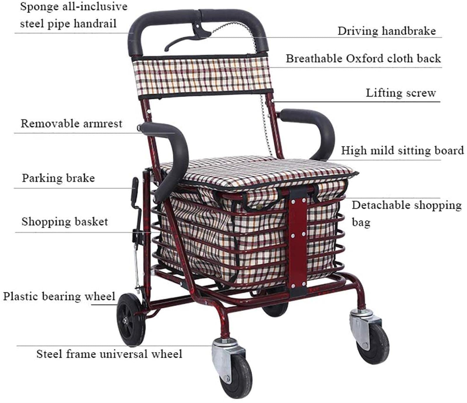 Carrello per la spesa per anziani/scooter pieghevole con sedile e cestino/deambulatore a 4 ruote per lo shopping e il tempo libero/Carrello pieghevole in acciaio facile da piegare