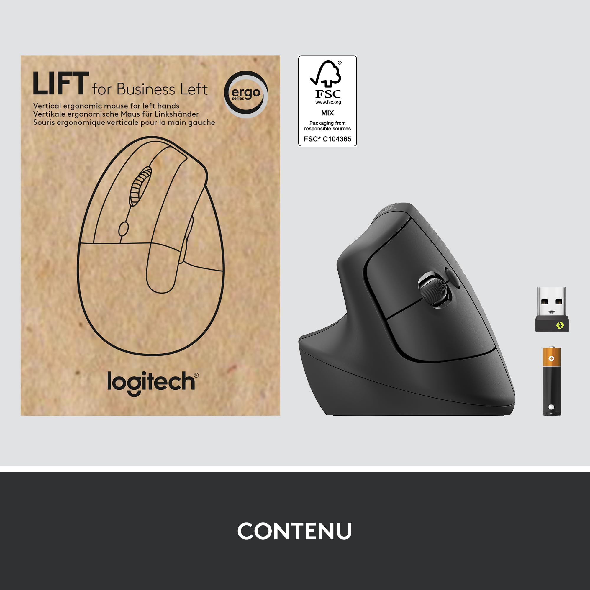 Logitech Lift for Business Gauche, Souris Ergonomique Verticale pour Main Gauche, sans Fil, Bluetooth ou Logi Bolt USB sécurisé, silencieuse, Windows/Mac/Chrome/Linux - Graphite Petit