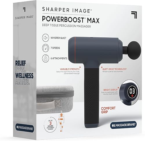 Miniatura 8 de Sharper Image Pistola de masaje de percusión de tejido profundo, masajeador de mano recargable Powerboost Max, 7 velocidades ajustables, 6 cabezales