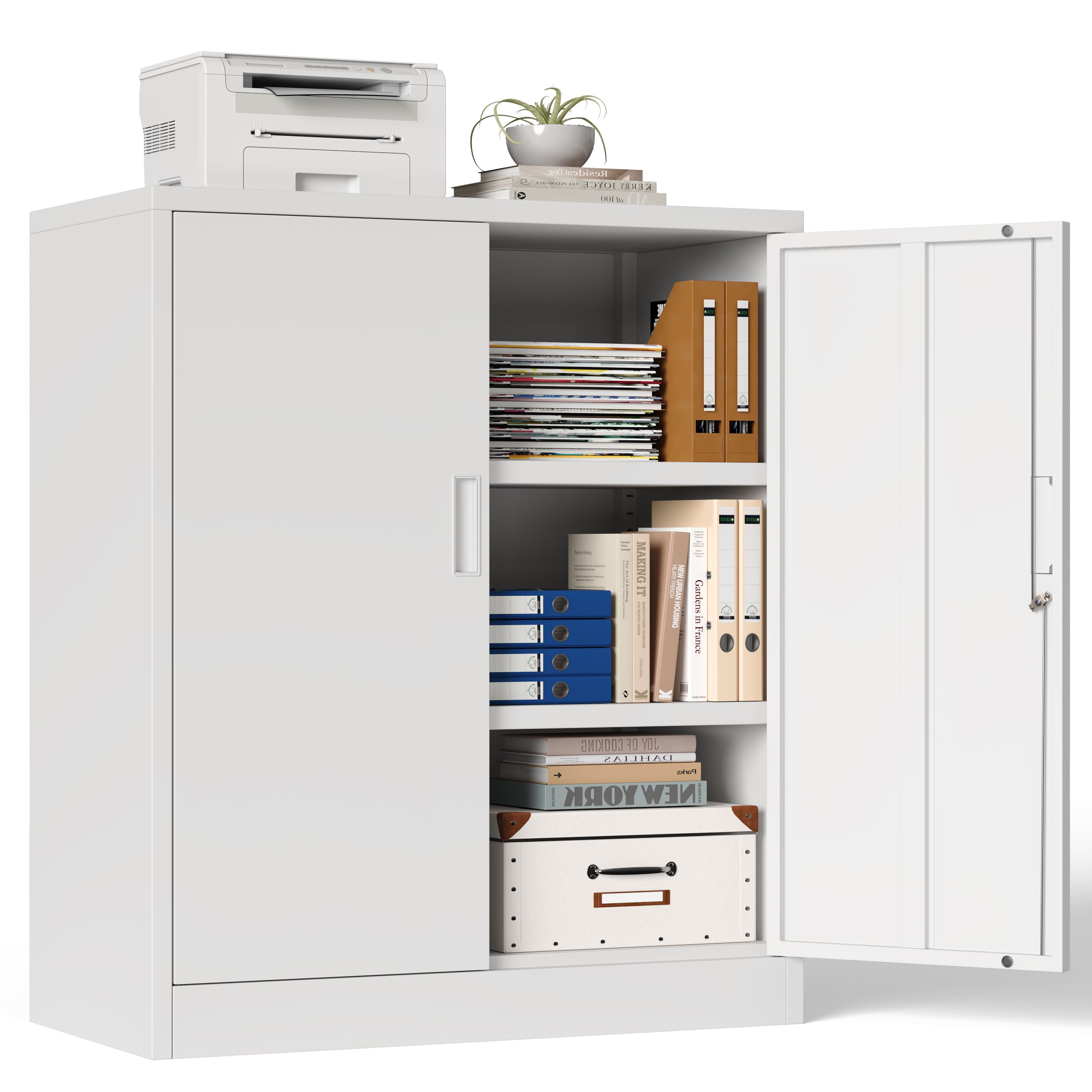 Metal Storage Cabinet, 90cm Locking Storage Cabinet with Doors & Shelves, Steel Storage Cabinet with 2 Adjustable Shelves for Garage, Home, Office, Utility Room, Assembly Required(White, 90 * 80 * 40)