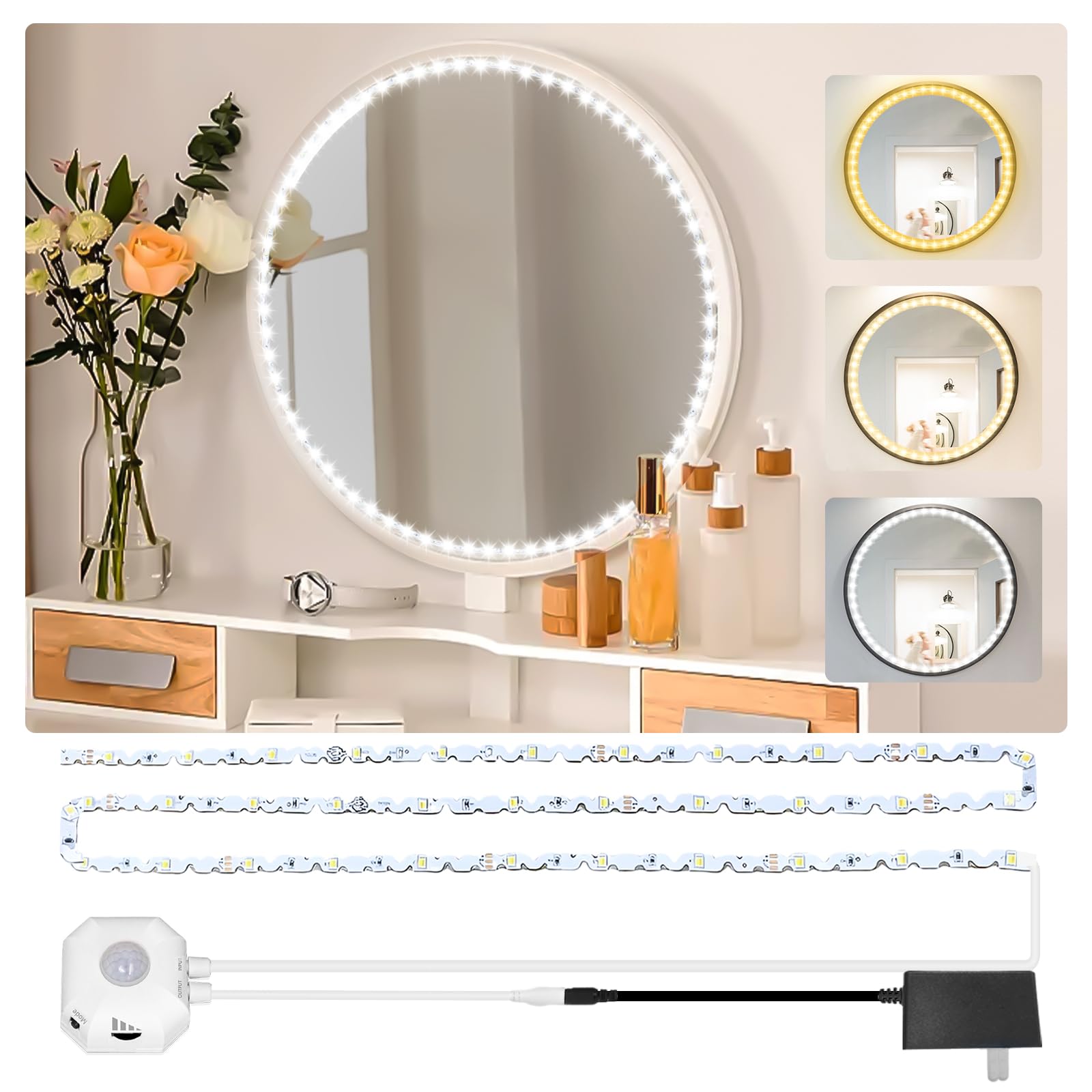 Daymeet Motion Sensor Led Vanity Mirror Lights, 13ft Motion Activated Led Lights for Mirror, Adjustable Color & Brightness Flexible Strip Lights for Mirror, for Makeup Vanity Table & Bathroom Mirror