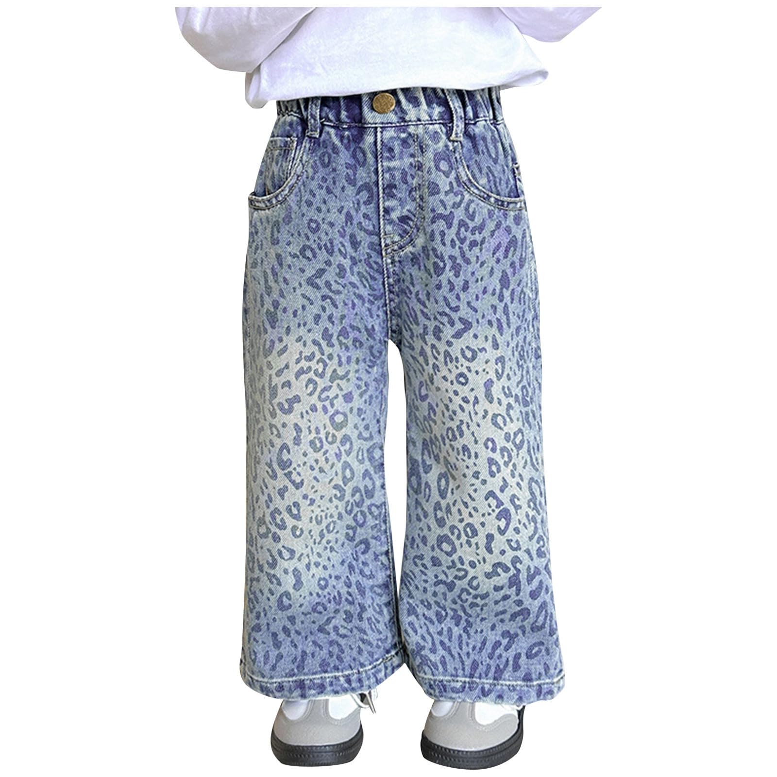 Generico Jeans Bambina 1-8 Anni Larghi Gamba Dritta Pantaloni Jeans Denim Ragazza Elasticizzati Vita Alta Leopardo Casual Pantaloni da Lavoro Cargo Ampio Primaverile Hip Hop Streetwear