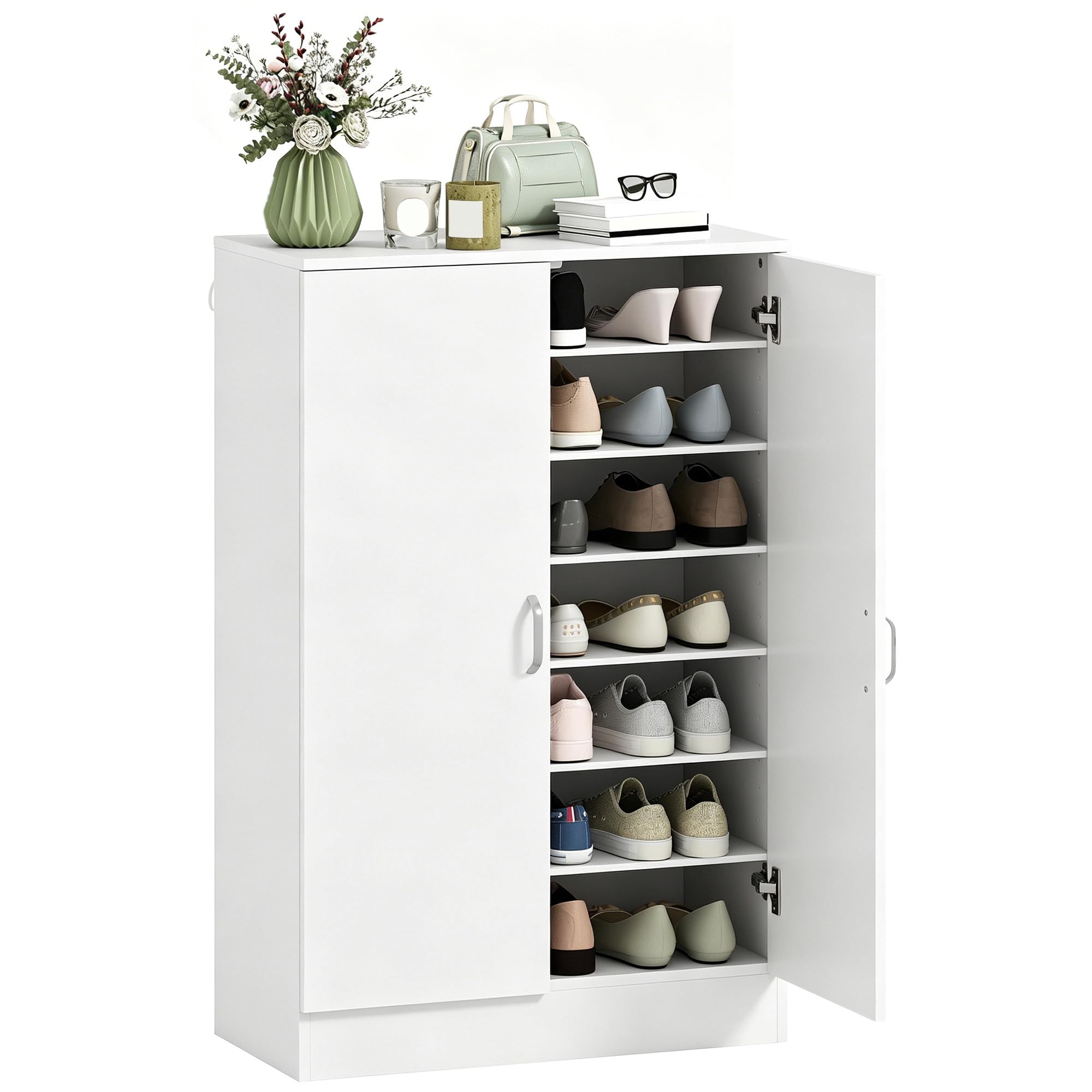 HOMCOM Schuhschrank mit 2 Türen, Schuhregal, Schuhaufbewahrung mit 6 Verstellbaren Ablagen Schuhkommode mit Soft-Close-Funktion für 21 Paar Schuhe 70 x 35 x 108 cm, Weiß