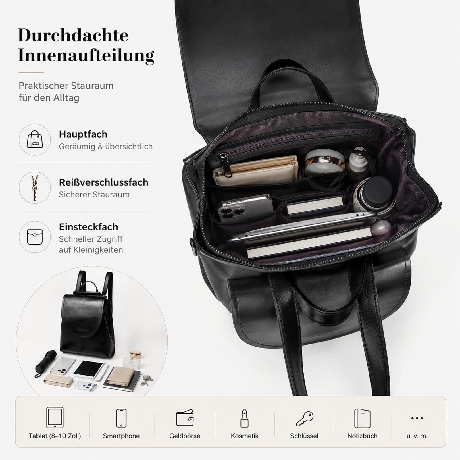Drawelry Retro Rindsleder Rucksack für Damen, Multifunktional Echtleder Rucksäcke Tagesrucksack Handtasche Britischer College Stil Umhängetasche Schultertasche Frauen Leder Daypack (A-Schwarz)