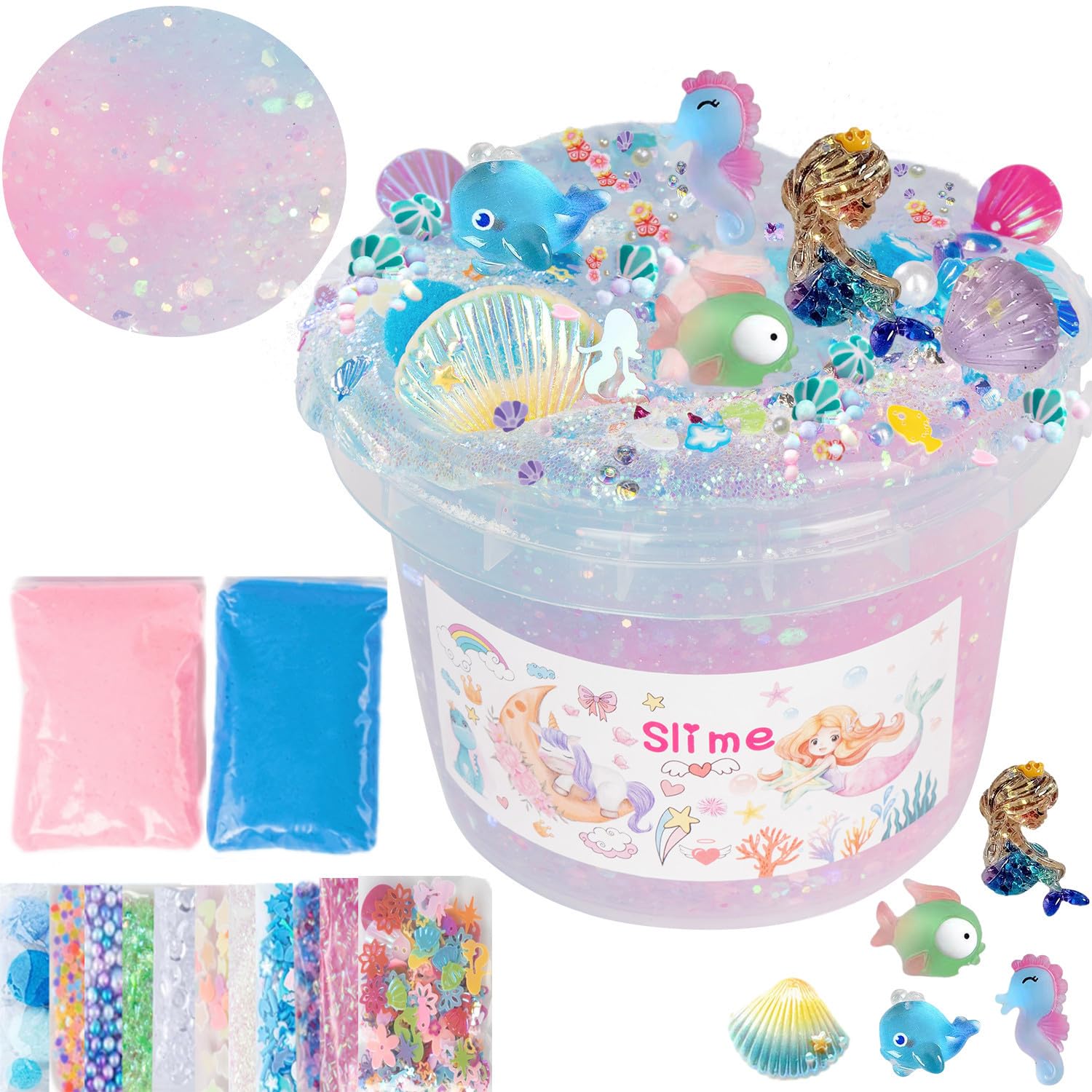 Clear Slime 10.2OZ DIY Schleim-Partygeschenke mit 12 Säckchen für Mädchen Jungen und 2 Fluffy Cloud Slime,Slime Wie eine Meerjungfrau,die in einem Meer aus Blau-rosa Schwimmt