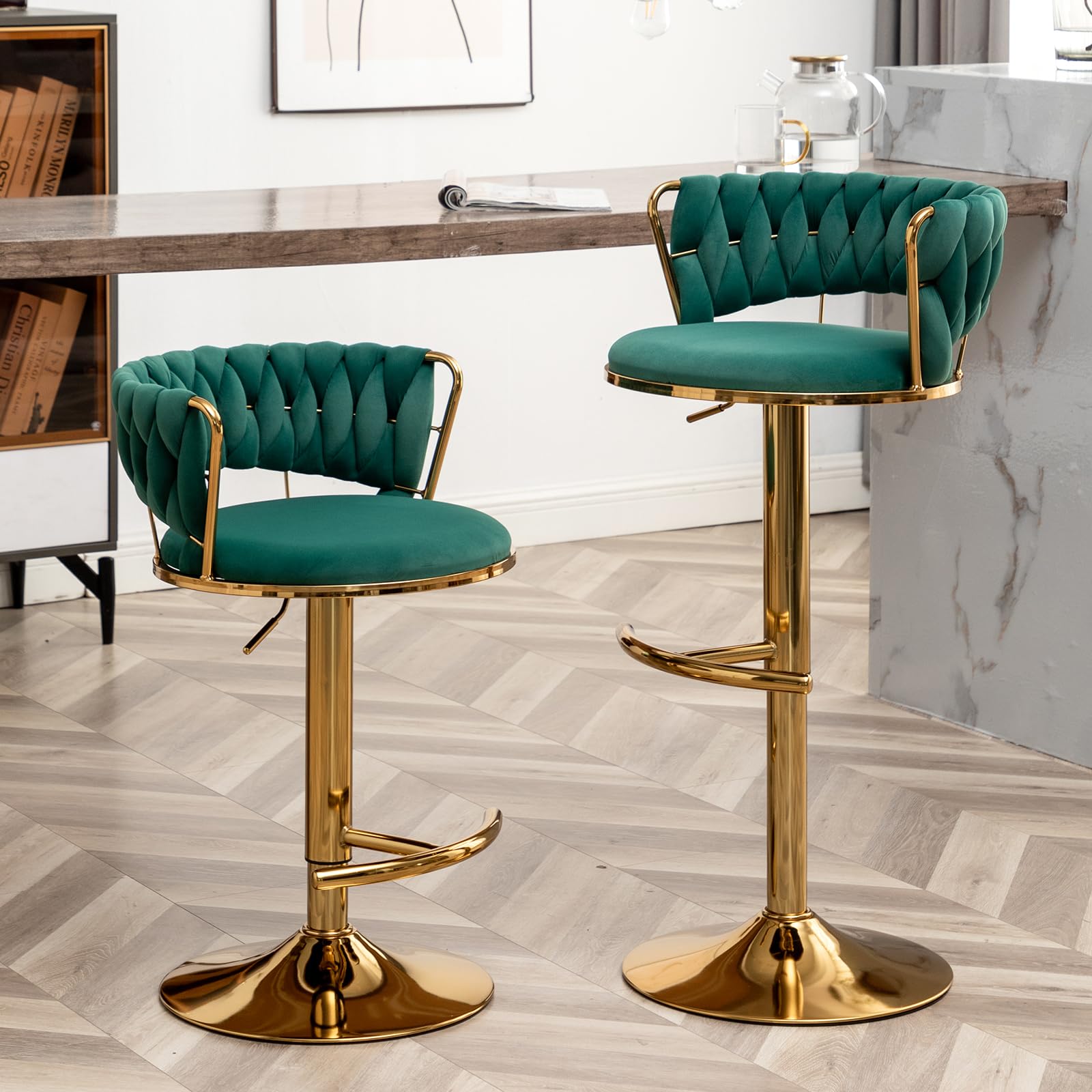 Gold Bar Stools Set of 2, Counter Height Bar Stools with Low Back, Velvet Adjustable Height Barstools, 360° Swivel Bar Stools for Kitchen Island, Pub (Green)