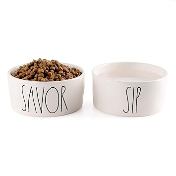 RAE Dunn Cute Ceramic Dog Bowl, Pet Dish for Dogs and Cats, Heavy Pet Bowl, Set of 2, Sip/Savor (6 Inches)