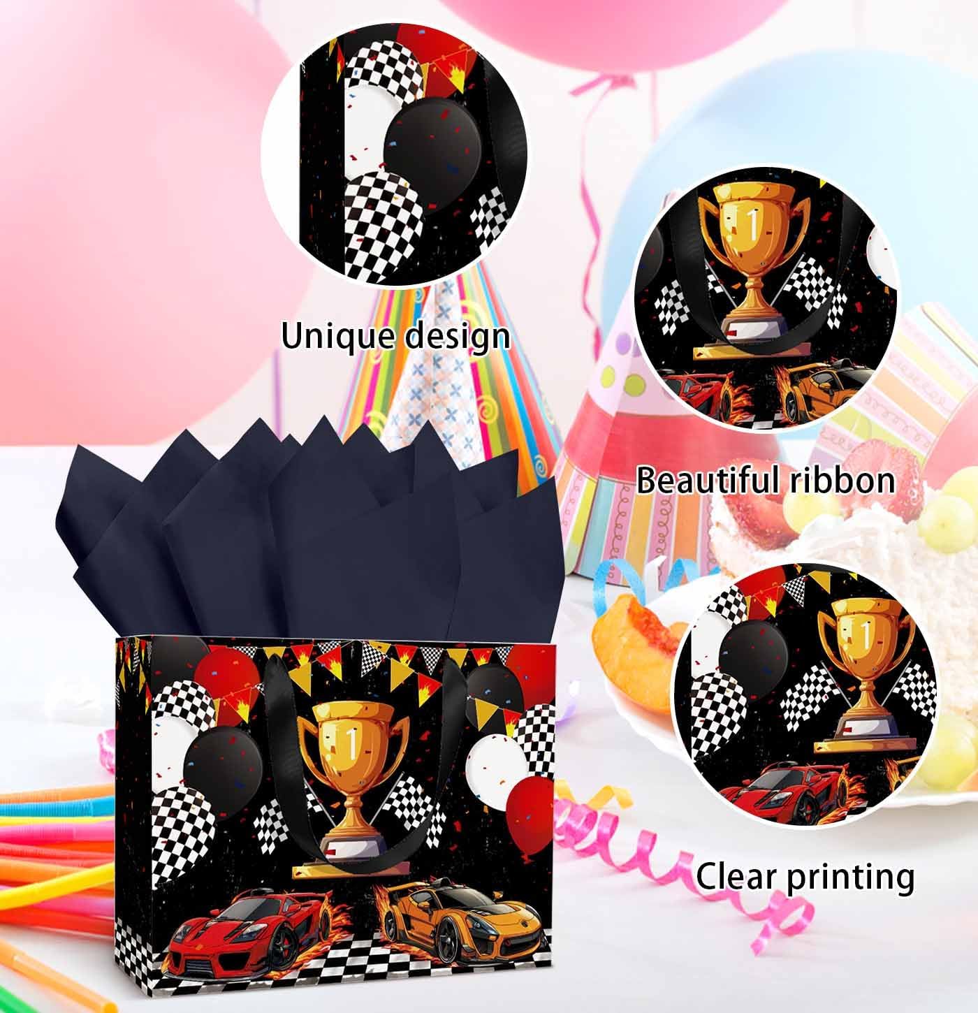 MUNILAIL 13 Inches Race Car Gift Bag with Tissue Paper Handle and Greeting Card Checkered Flag Gift Bag for Boys Birthday Baby Shower Racing Car Party Supplies Large Paper Gift Bag image 4