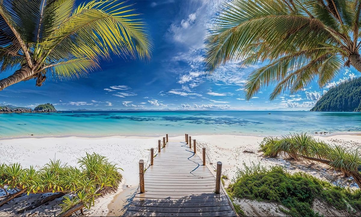 Tropical Beach Shore Garden Mural, Tapestry & Curtain Waterproof Outdoor Wall Hanging, Ocean Jetty Wall Art & Coastal Fence Decor W118.11 inches x H70.87 Inches