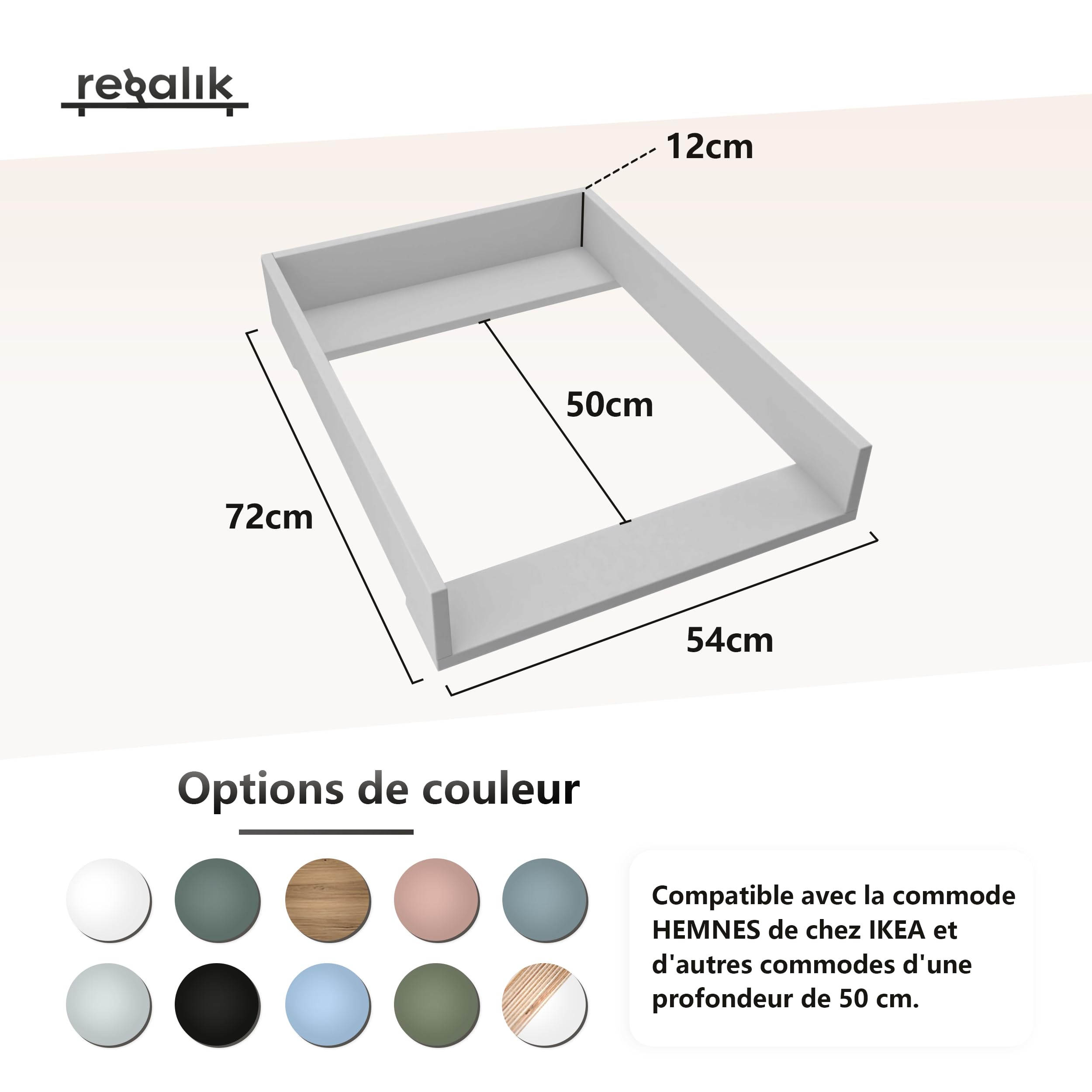 Plan à Langer pour Hemnes d'IKEA, Extension pour Commode de 50 cm, Amovible, Plan à Langer avec Façades Arrondies, Blanc, 72 cm x 54 cm