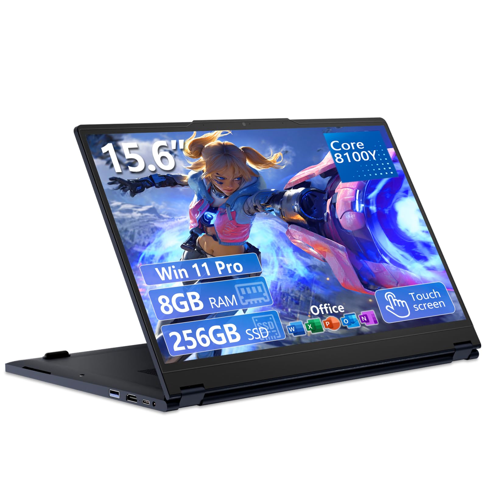 15,6 Pulgadas Ordenador Portátil Pantalla Táctil 2 en 1, Win 11 PC Portátil con Core i3 8100Y procesador, Laptop 8GB RAM 256GB SSD, Computadora Portátil 360° Pantalla Táctil 1080P FHD IPS Type-C HDMI
