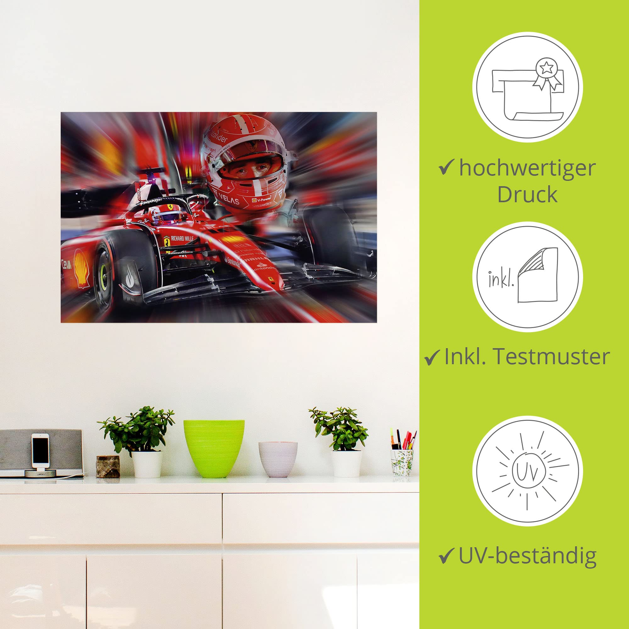 ARTland Wanddeko Wandtattoo selbstklebende Vinylfolie 90x60 cm Formel 1 Ferrari Charles Leclerc Monaco Rennwagen Motorsport U4KZ