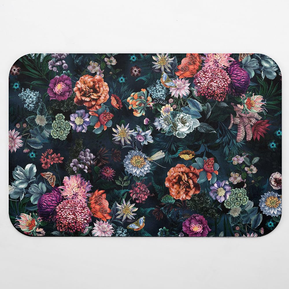 WC WAH CHUN Rubber Bath Mat Rug,Non-Slip Quick Dry Super Absorbent Thin Washable Rugs, Fit in Bathroom Area, Office Doormat, Kitchen,Dining,Livingroom Rug (60cmx40cm, Black Flower)