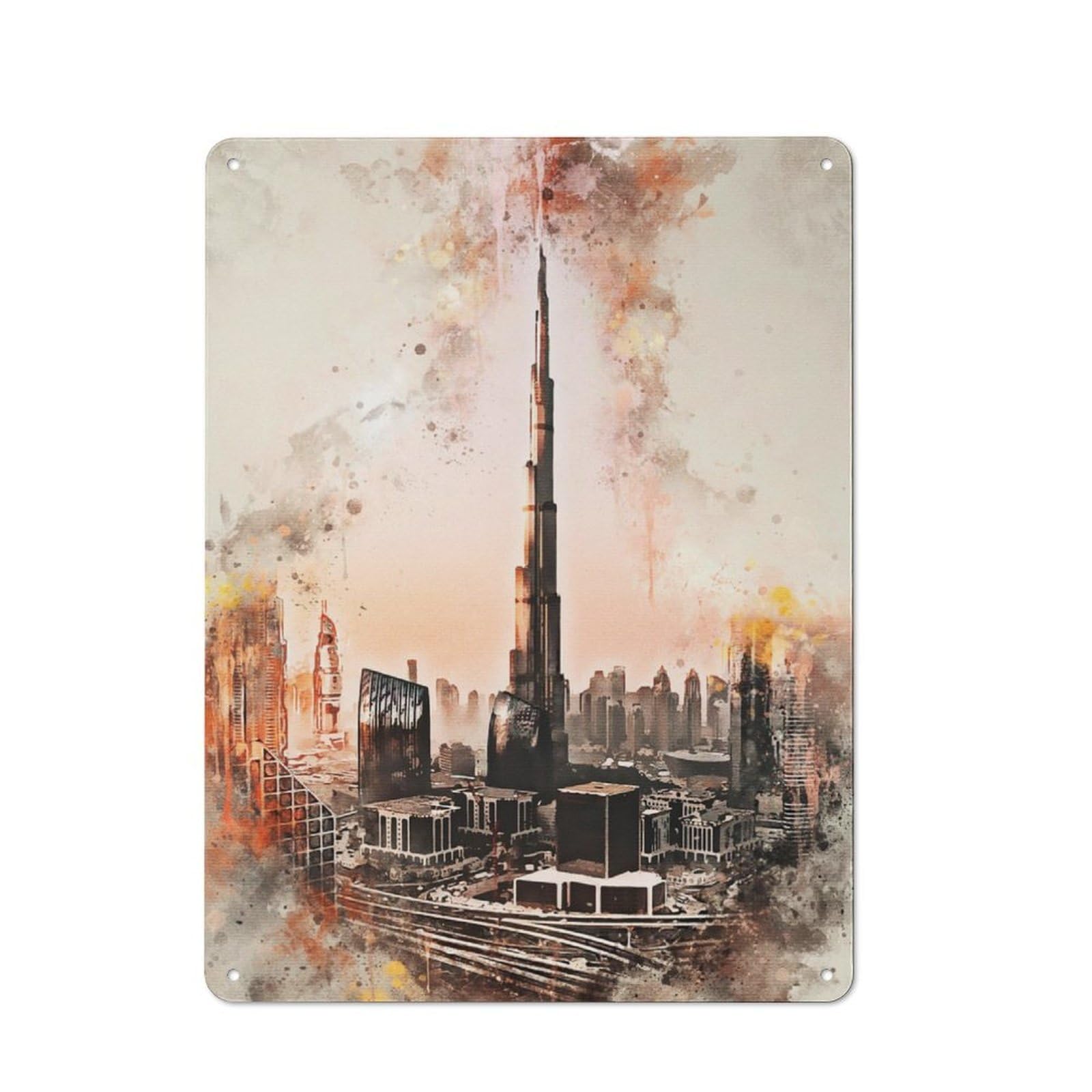 Junmoney Burj Khalifa In Watercolor Vintage-Inspired Tin Sign 40X30cm For Garage Or Workshop, For Garage, Workshop And Man Cave Decoration