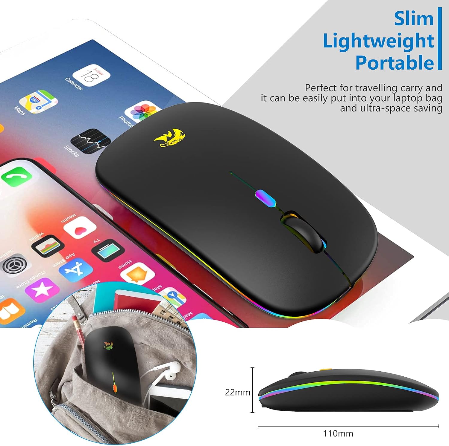 BAIBAO Wireless Mouse, Bluetooth Mouse, LED Slim Two Mode(Bluetooth and 2.4G Wireless) Rechargeable Led Mouse with USB and Type C Adapter 3 Adjustable DPI for iPad OS 13, MacBook, Laptop, Mac OS