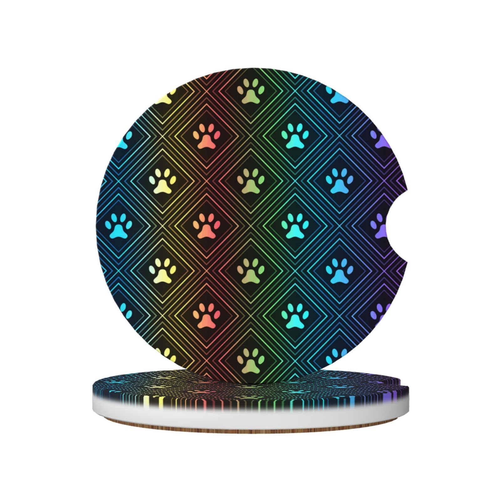 Rainbow Dog Paw Print, Car Cup Holder Coasters 2 Pack, Absorbent Ceramic Car Coasters with Non Slip Cork Base