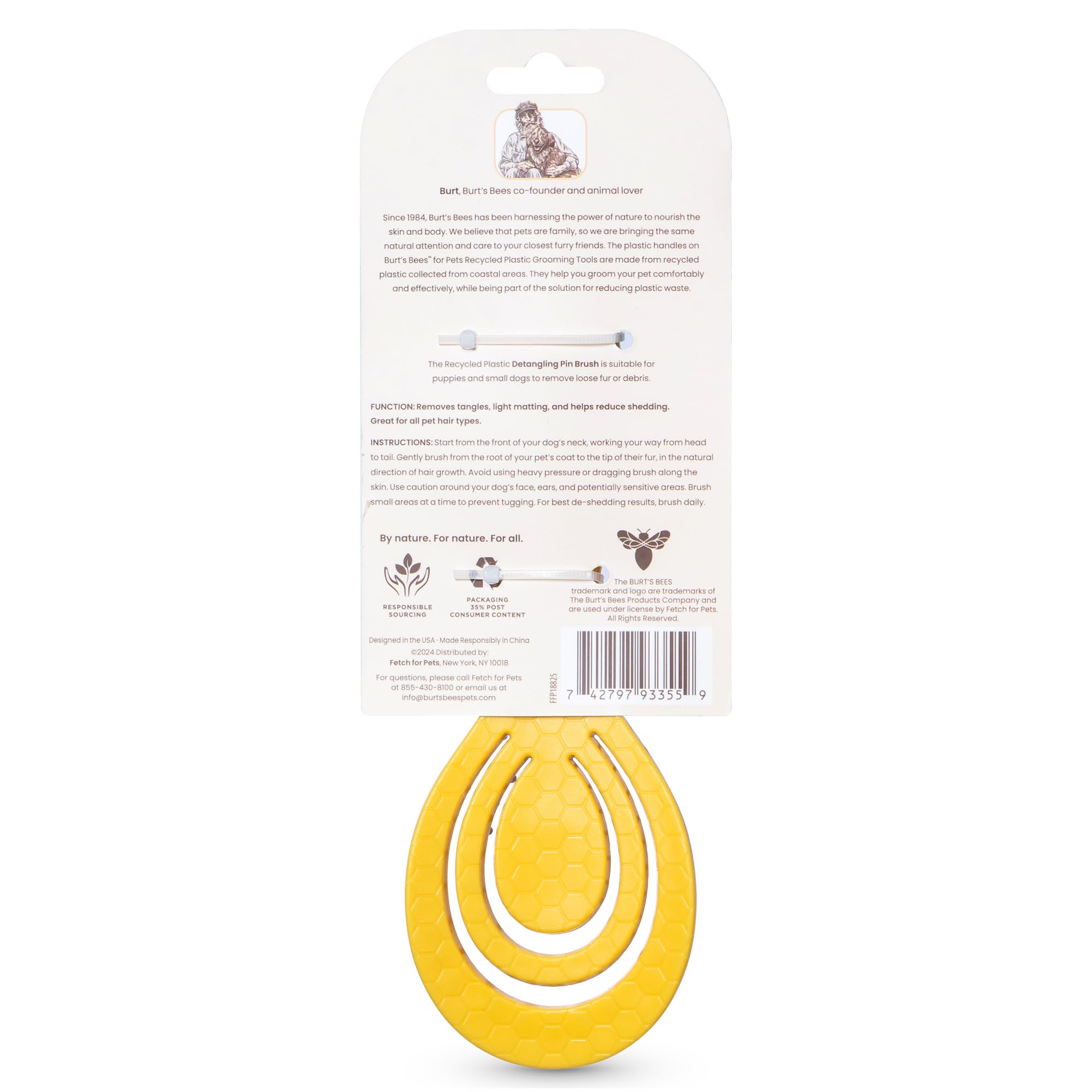 Burt's Bees for Pets Brosse démêlante pour chiots et petits chiens à poils moyens à longs | Manche en plastique recyclé 100% lié à l'océan | Brosse pour chien élimine les nœuds et desserre les tapis